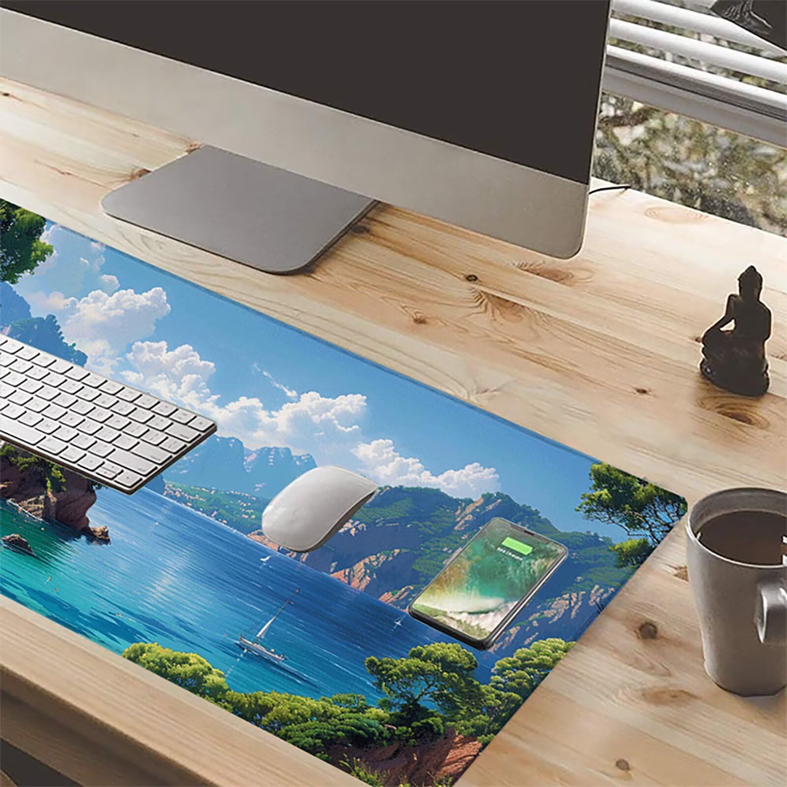 Playa Alfombrilla Ratón Gaming XXL 1500x800x3mm, Alfombrilla Gaming Azul Mousepad con Base de Goma Antideslizante, Impermeable Desk Mat para Teclado y Raton, Accesorios Gaming, Regalos de Hombre 6-9