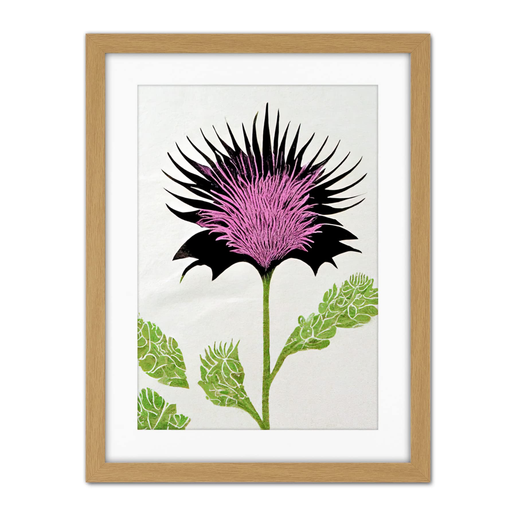 Doppelganger33 LTD Linocut Scottish Thistle Abstract Wildflower Artwork Framed Wall Art Print 18X24 Inch