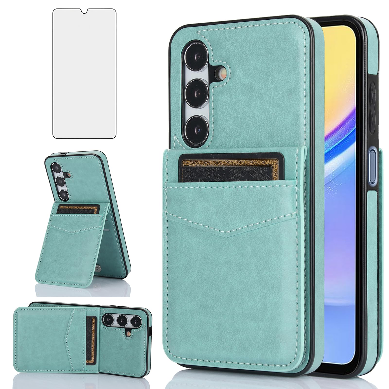 Asuwish Phone Case for Samsung Galaxy A15 5G/4G with Tempered Glass Screen Protector Credit Card Holder Wallet Cover Stand Leather Cell Accessories