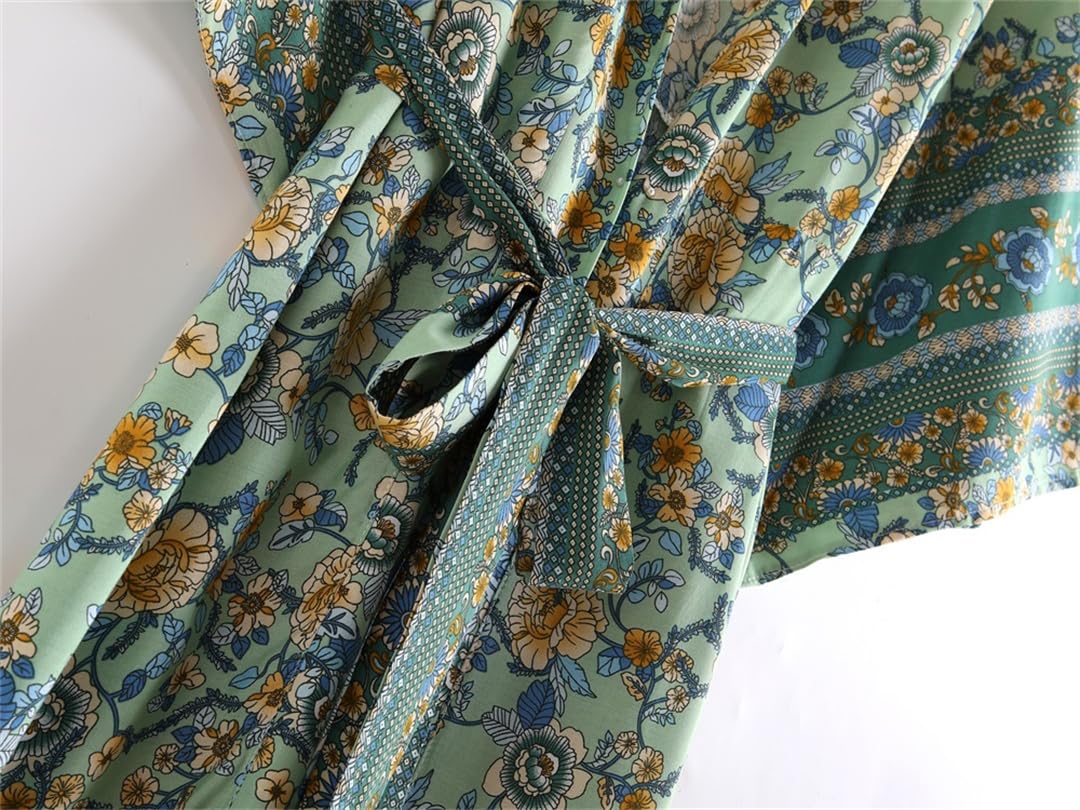 Robe kimono vintage EN8 à imprimé floral bohème pour femme