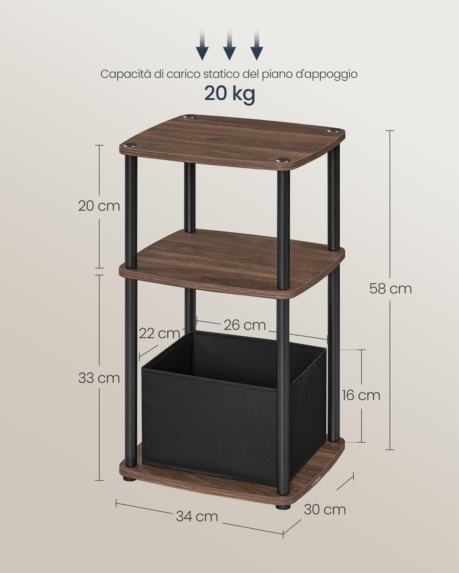 SONGMICS HOME Tavolino, Comodino, 3 Ripiani, Cestino in Tessuto, per Camera da Letto, Soggiorno, Struttura in Acciaio, 30 x 34 x 58 cm, Moderno, Noce Naturale LET286K01