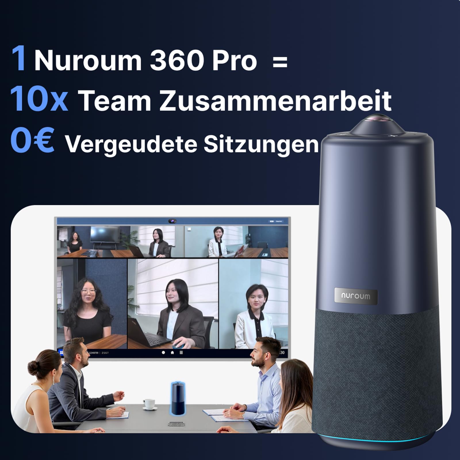 NUROUM 360 Pro Kamera für Videokonferenzen, 3 AI Modi, Intelligente Rauschunterdrückung & AGC, Webcam mit Mikrofon und Lautsprecher für Zoom/Teams/GoogleMeet auf PC/Laptop/Desktop