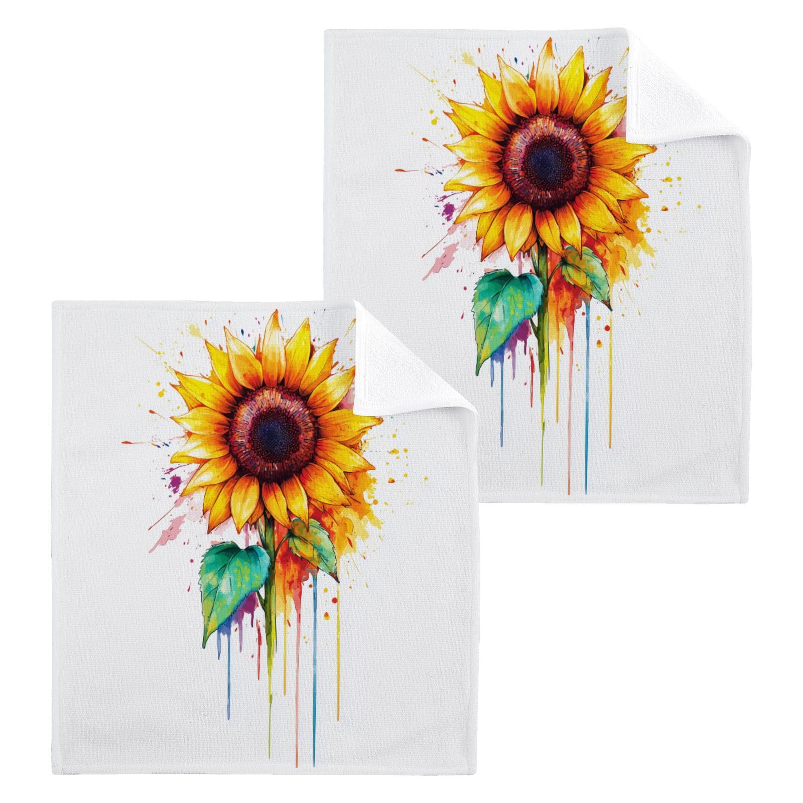 ALAZA Wash Cloth Set 100% Cotton Fingertip Towels Face Cloths Sets Watercolor Sunflower Highly Absorbent Soft Feel Set of 2