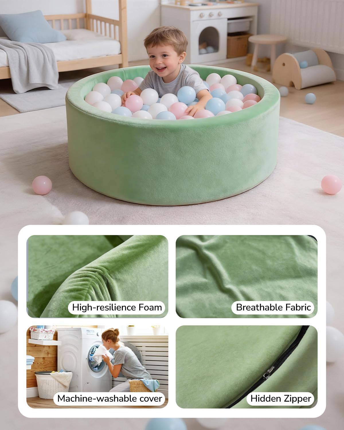 Piscine à Balles pour Bébé, Bac à Balles Rond en Mousse 90 x 30 cm, Vert