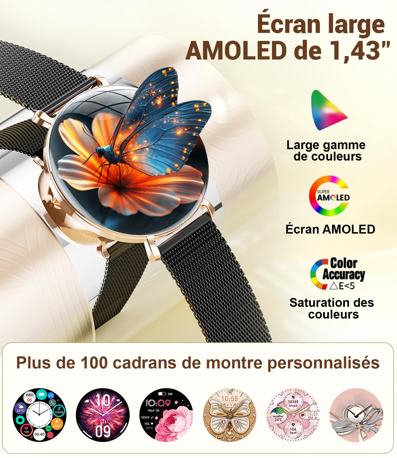 BENYAR SMART Montre Connectée Femme, 1.43" Ultra-Fin Écran AMOLED avec Appel Bluetooth, Santé Féminine, Étanche IP68, 110 + Modes Sportifs, Podomètre, Smartwatch Femme pour iOS Android, Maille Noire