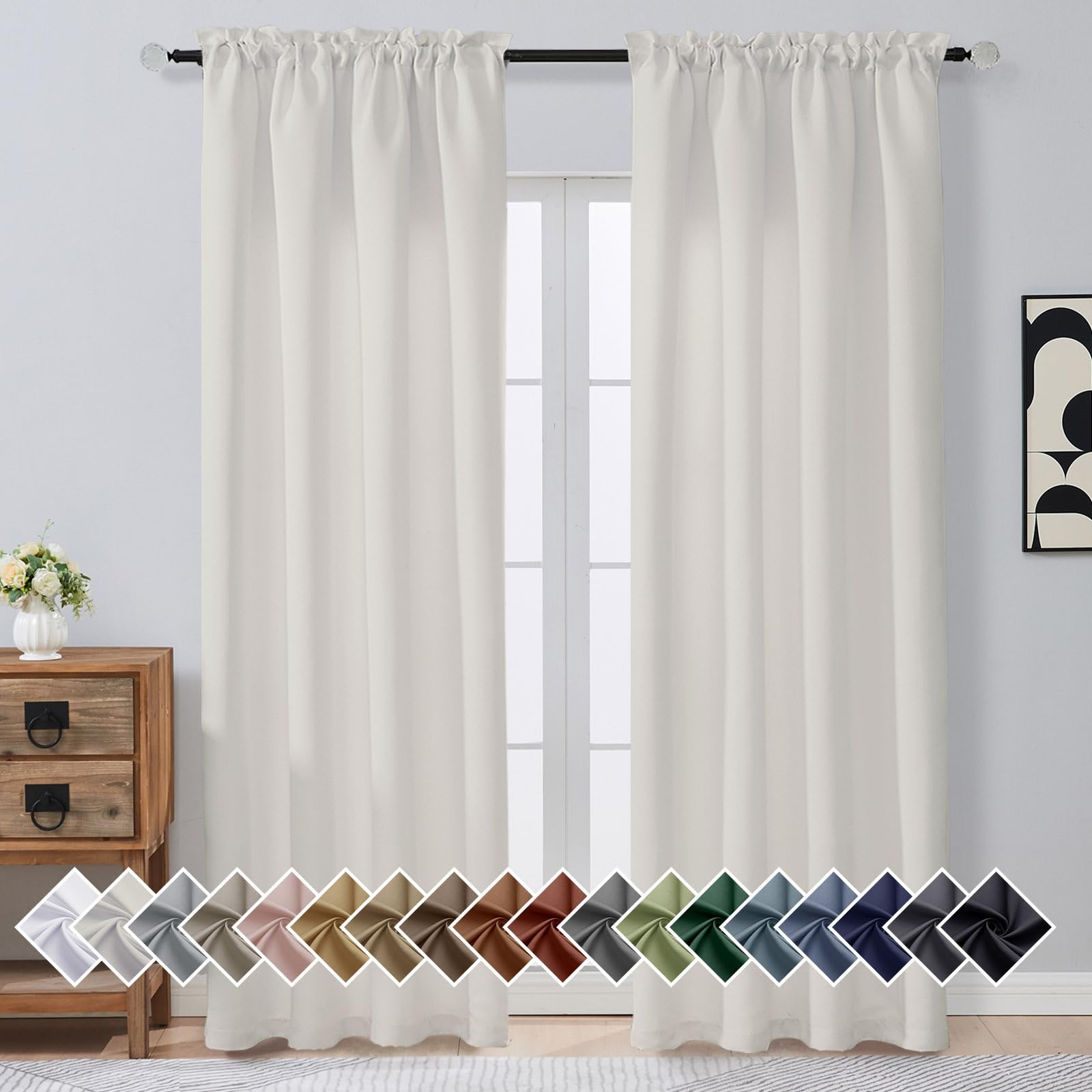 OVZME Natural Room Darkening Curtains 90 Inches Long 2 Panels Set, Solid Thermal Insulated Soft Blackout Curtains for Bedroom, Dual Rod Pocket Window Treatments Drapes for Living Room, 2x50Wx90L
