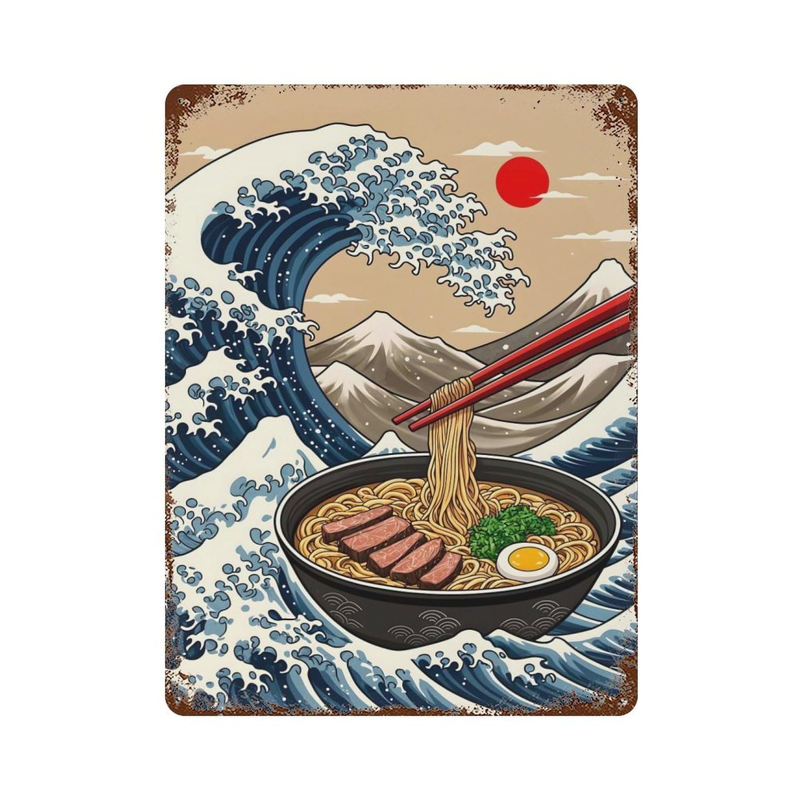 Decorative Tin Sign with Ramen Great Wave Design 15.7"x11.8", for Garage, Bar And Workshop Decor, Farmhouse Wall Decor