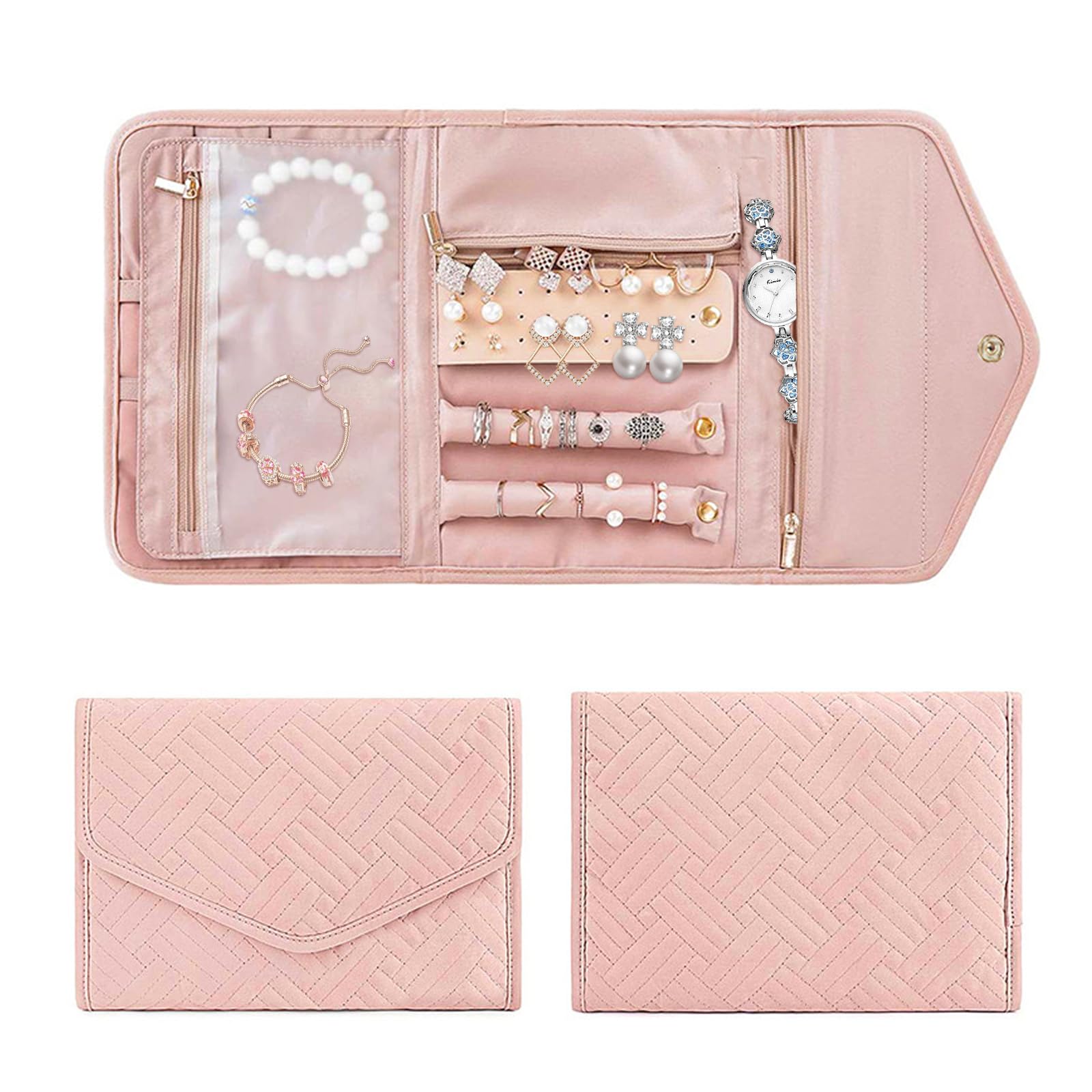 FUZVOL Travel Jewellery Organiser Roll, Foldable Jewelry Storage Roll Bag case for Journey-Rings, Necklaces, Earrings, Bracelets, Large Capacity, Portable and Practical Pink