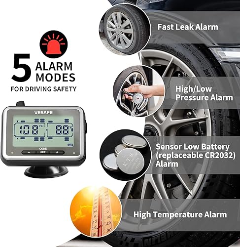 Miniatura 2 de VESAFE TPMS, sistema inalámbrico de monitoreo de presión de neumáticos para RV, remolque, autocaravana, quinta rueda, con 4 sensores antirrobo