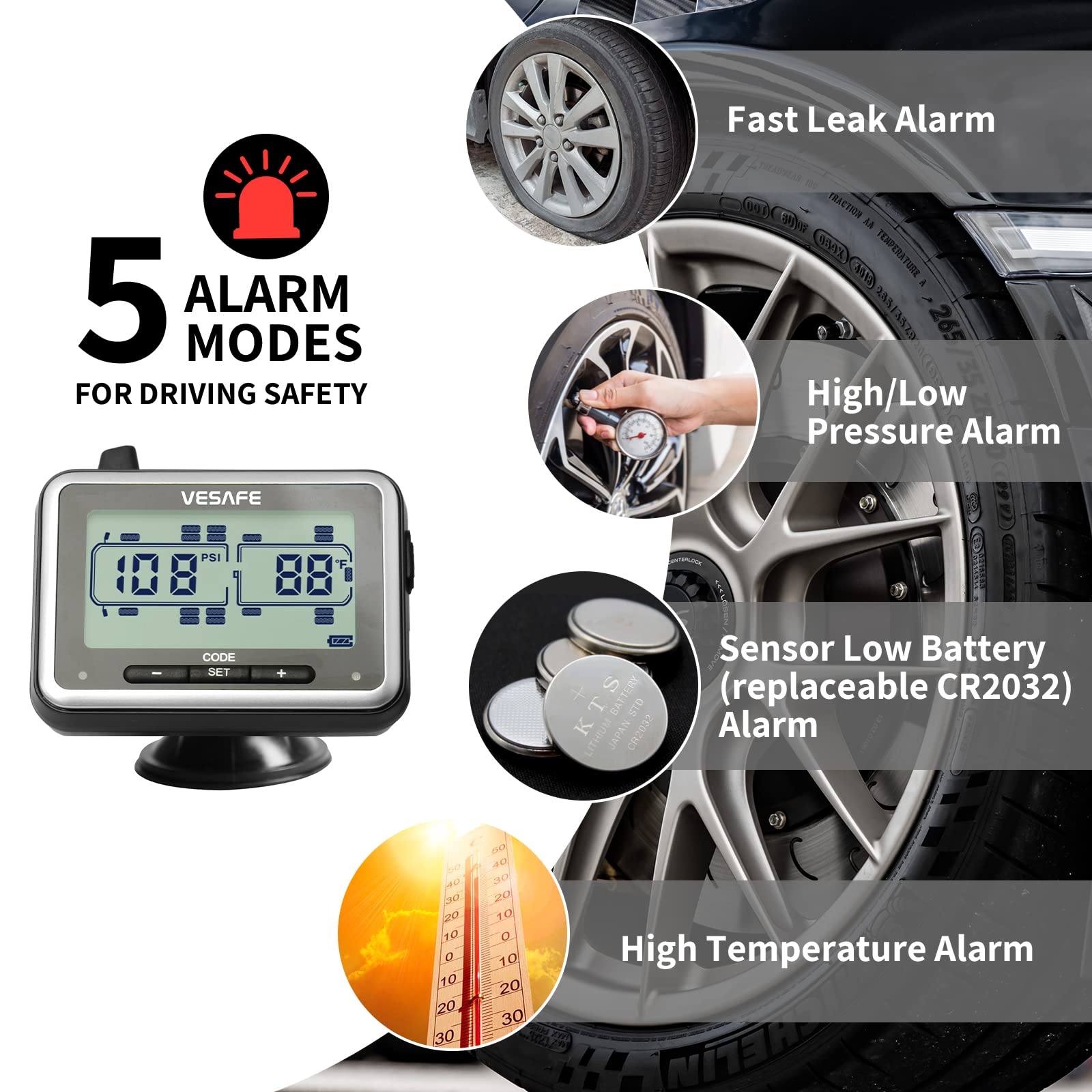 VESAFE TPMS, Wireless Tire Pressure Monitoring System for RV, Trailer, Coach, Motor Home, Fifth Wheel, Including a Signal Booster and 10 Anti-Theft sensors.