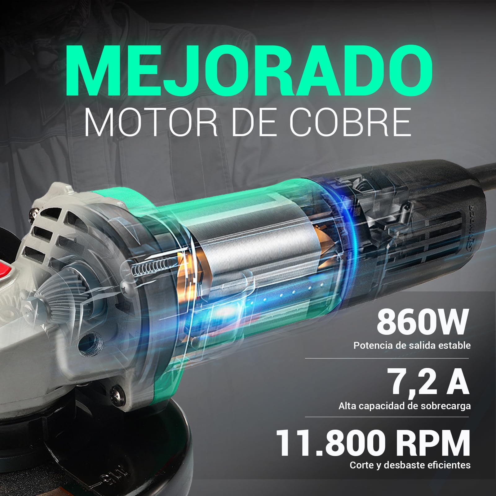 DCA Amoladora Angular 860W 125 mm, 11.800 rpm, Cuerpo Ultra Fino (Circunferencia 178 mm), Carcasa de Engranajes Compacta, 1,6 kg Ligera Radial para Corte y Lijado
