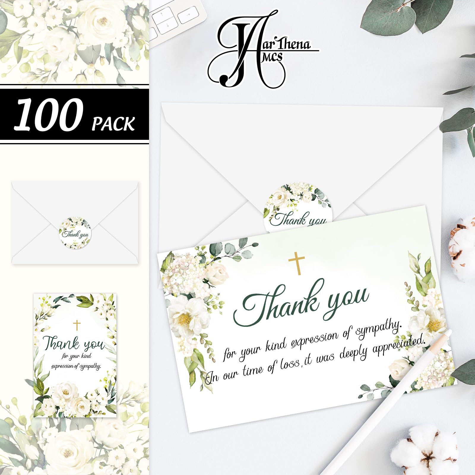 JarThenaAMCS Lot de 100 cartes de remerciement funéraires à l'aquarelle avec enveloppe autocollante pour deuil - Pour service commémoratif - Célébration de la vie