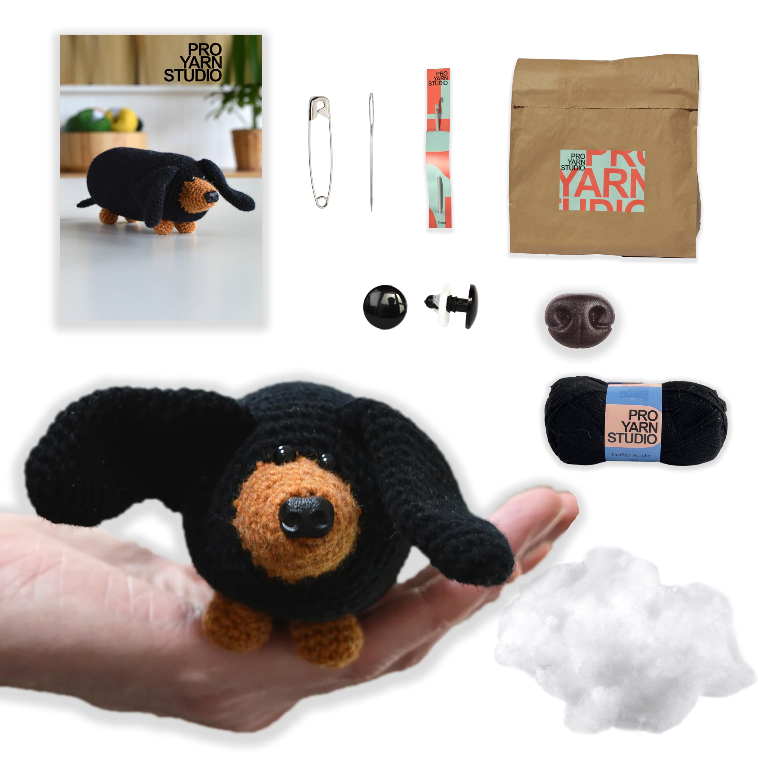 Pro Yarn Studio Black Sausage Dog Crochet Kit With Yarn, Crochet Hook And Pattern. Dachshund Amigurumi Kit Suitable For Beginners.