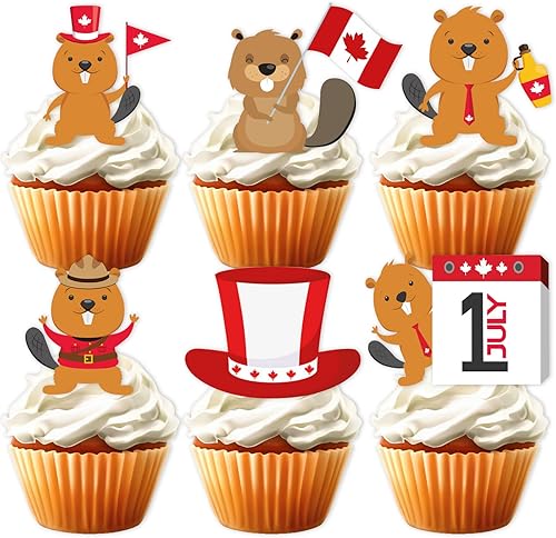 18 piezas de decoración temática de marmota con purpurina roja para celebrar postre para el 1 de julio, decoración temática del Día de Canadá,