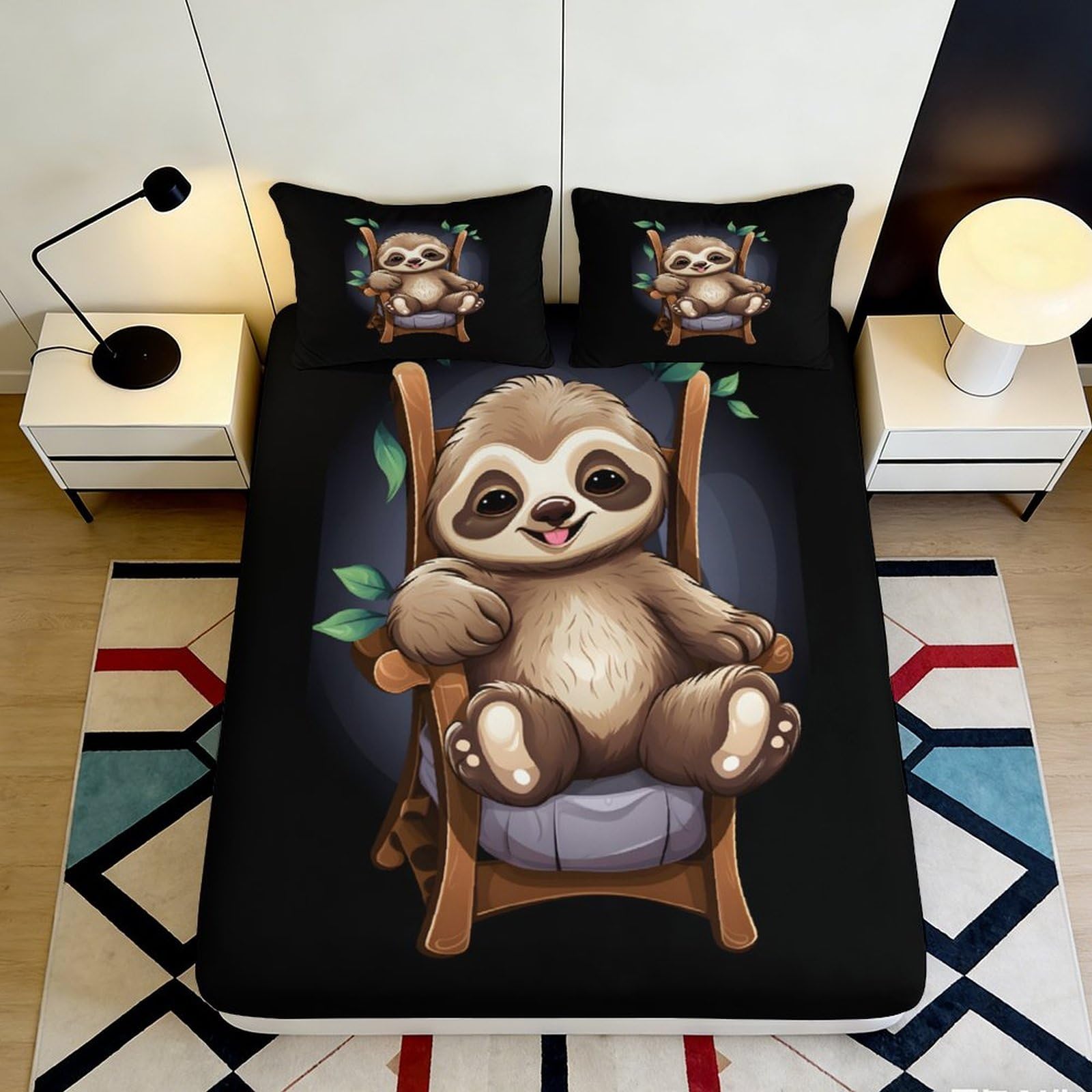 3D Printed Cute Sloth Fitted Sheet Microfiber Soft Breathable Cartoon Bed Cover for Bedroom Dormitory Guest Room Mattress Protection Decoration 120x200x25cm
