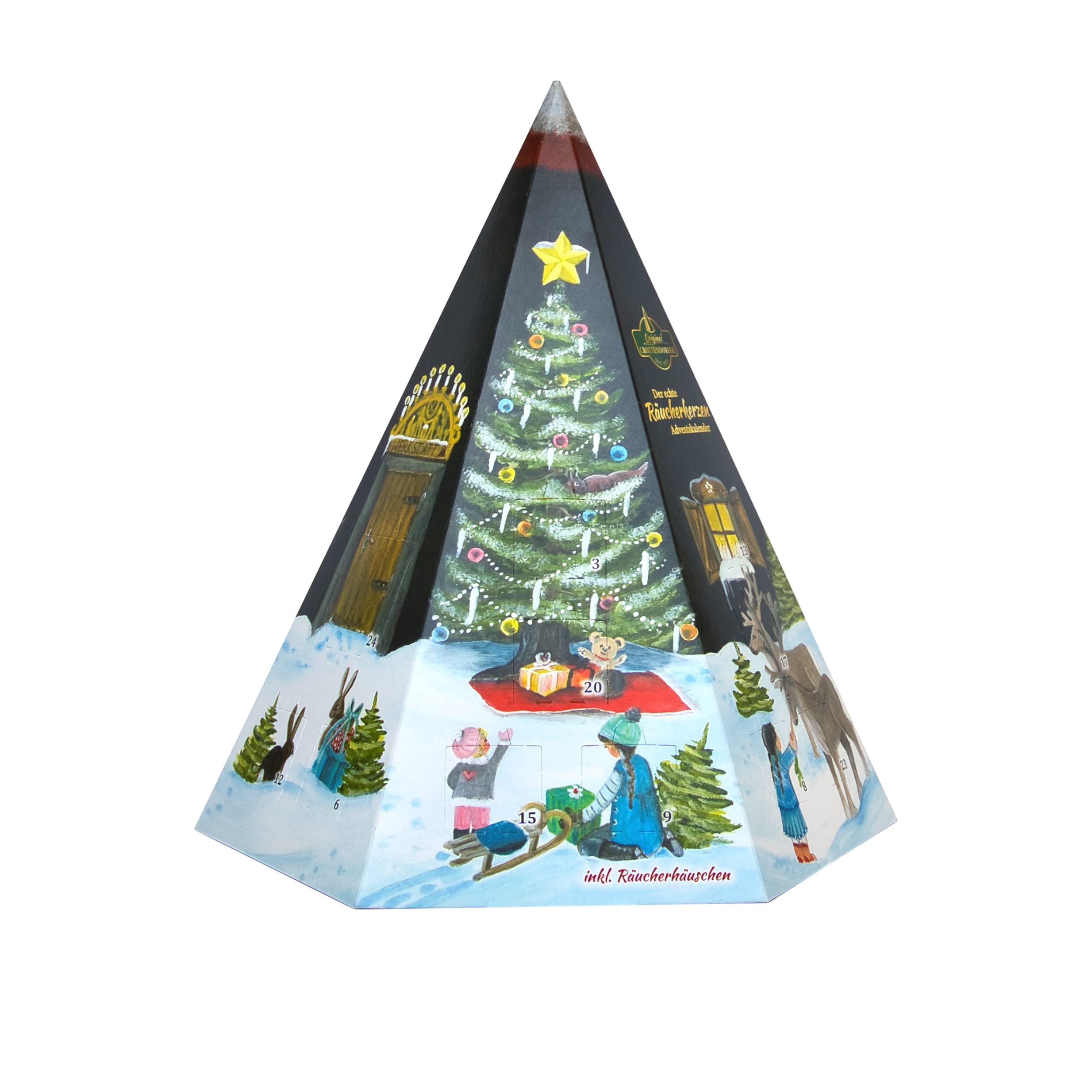 Der echte Räucherkerzen Adventskalender Pyramide mit Räucherhäuschen aus Metall und Original Crottendorfer Räucherkerzen