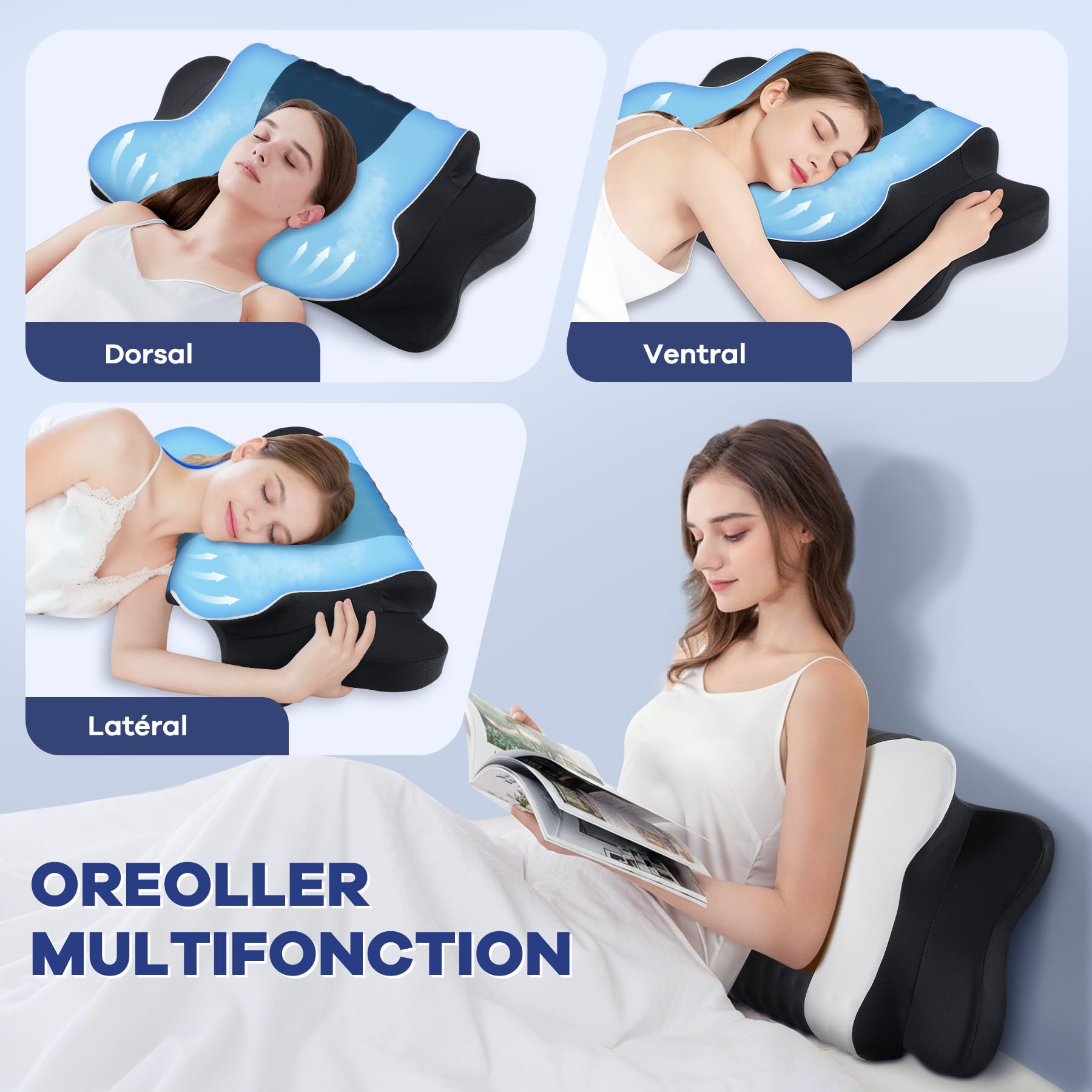 DONAMA Oreiller Ergonomique Cervical à Mémoire de Forme Haute Densité, Mousse à Rebond Lent pour Soutien du Cou et de la Nuque, Conception 2 en 1 pour Dormeurs sur Le Côté, Le Dos et Le Ventre
