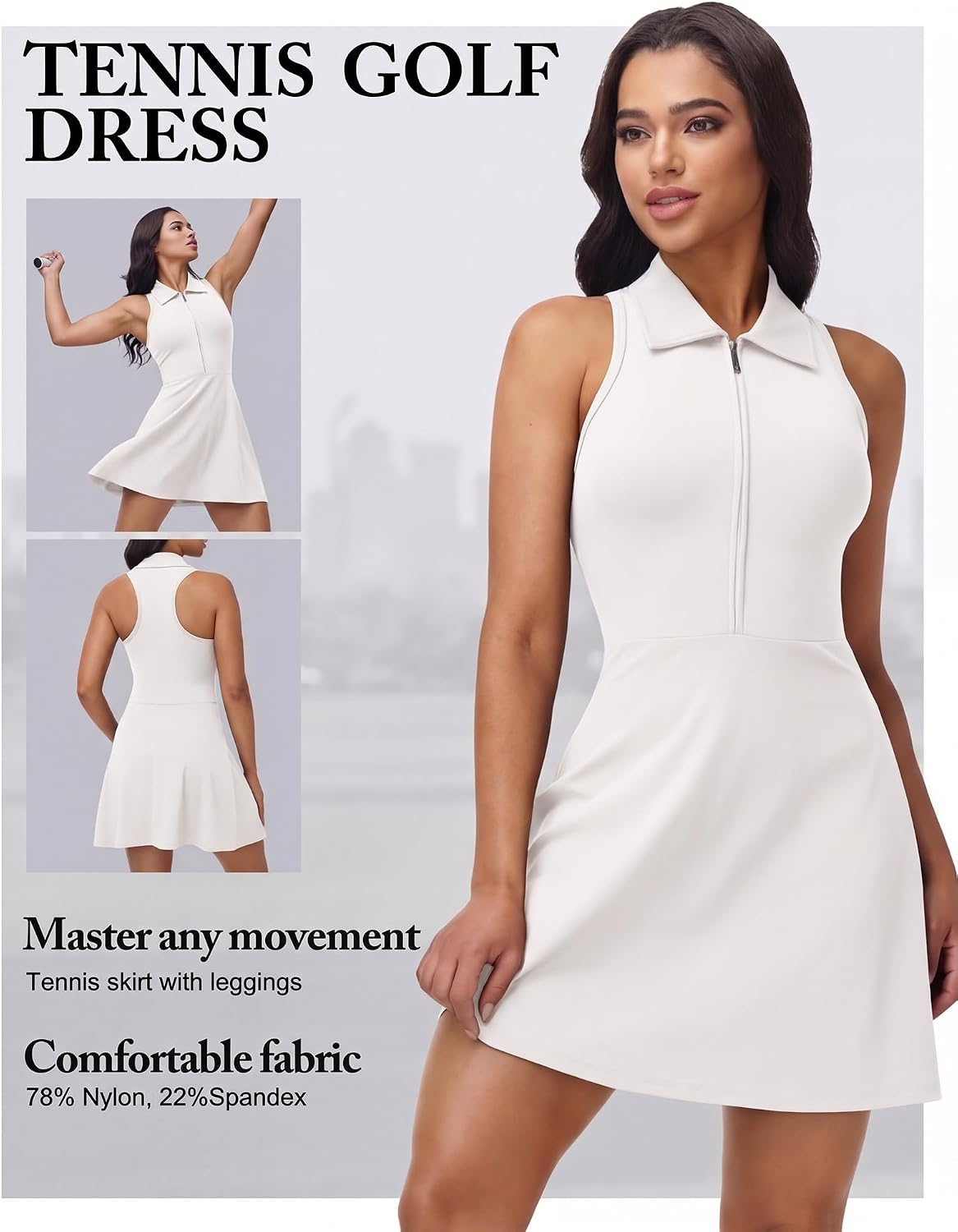 Women Golf Dress Zip Front Collar Tennis Workout Dresses Sleeveless Racer Back Athletic Dress with Shorts