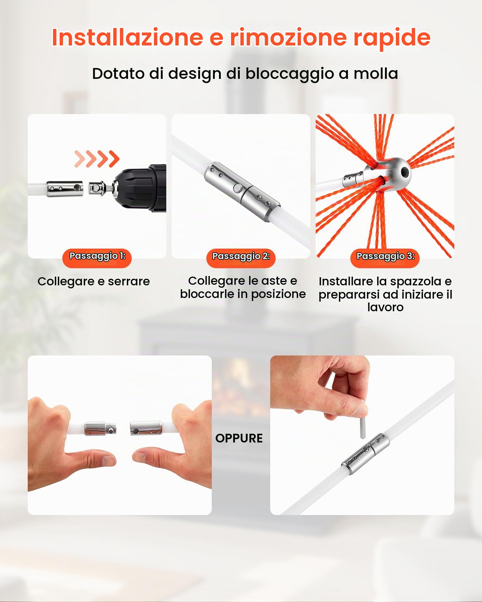 VEVOR Strumenti Decarburazione Caminetto, Spazzola per Camino Estensibile Fino a 7 m con Setole di Ricambio e Occhiali Protettivi, Strumento per Pulizia del Camino Pieghevole, per Camini Quadrati