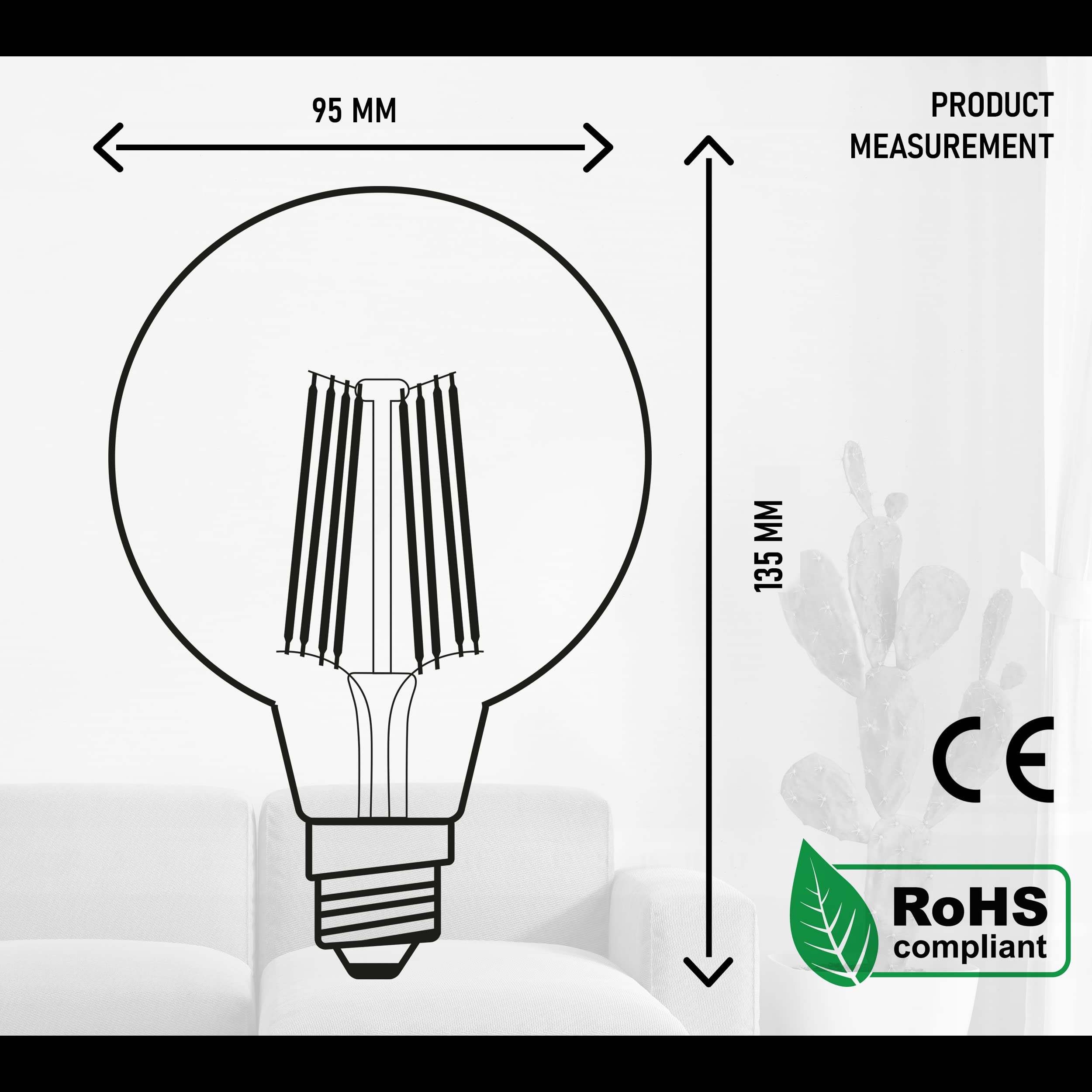 LEDSone Lampadina LED Edison dimmerabile 8W 450 lumen, forma globo G95, vetro trasparente, bianco caldo 2700K, luce di Natale, attacco standard E27 (10)