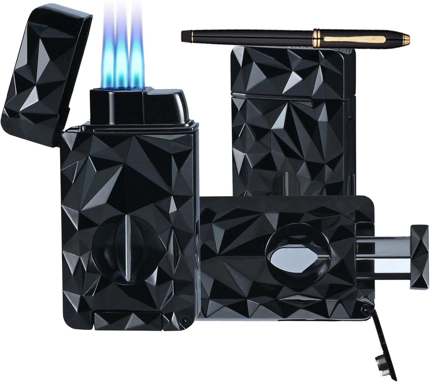 3 Jet Flame Torch Lighter, 3-in-1 Refillable Butane Torch with V-Cut Tool & Punch Holder, Windproof Metal Flame Tool, for Men