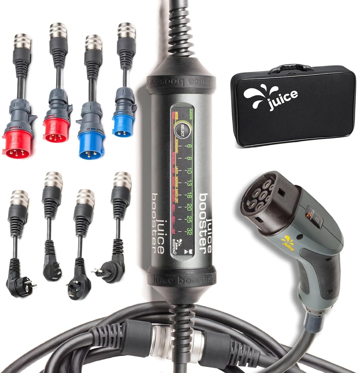 Juice Booster 2 Europe Set, Mobile Wallbox 22kW Senza Installazione, Caricabatterie Auto Elettrica con Cavo Ricarica Auto Elettrica Tipo 2, Include 4 Spine CEE + 4 Adattatori UE