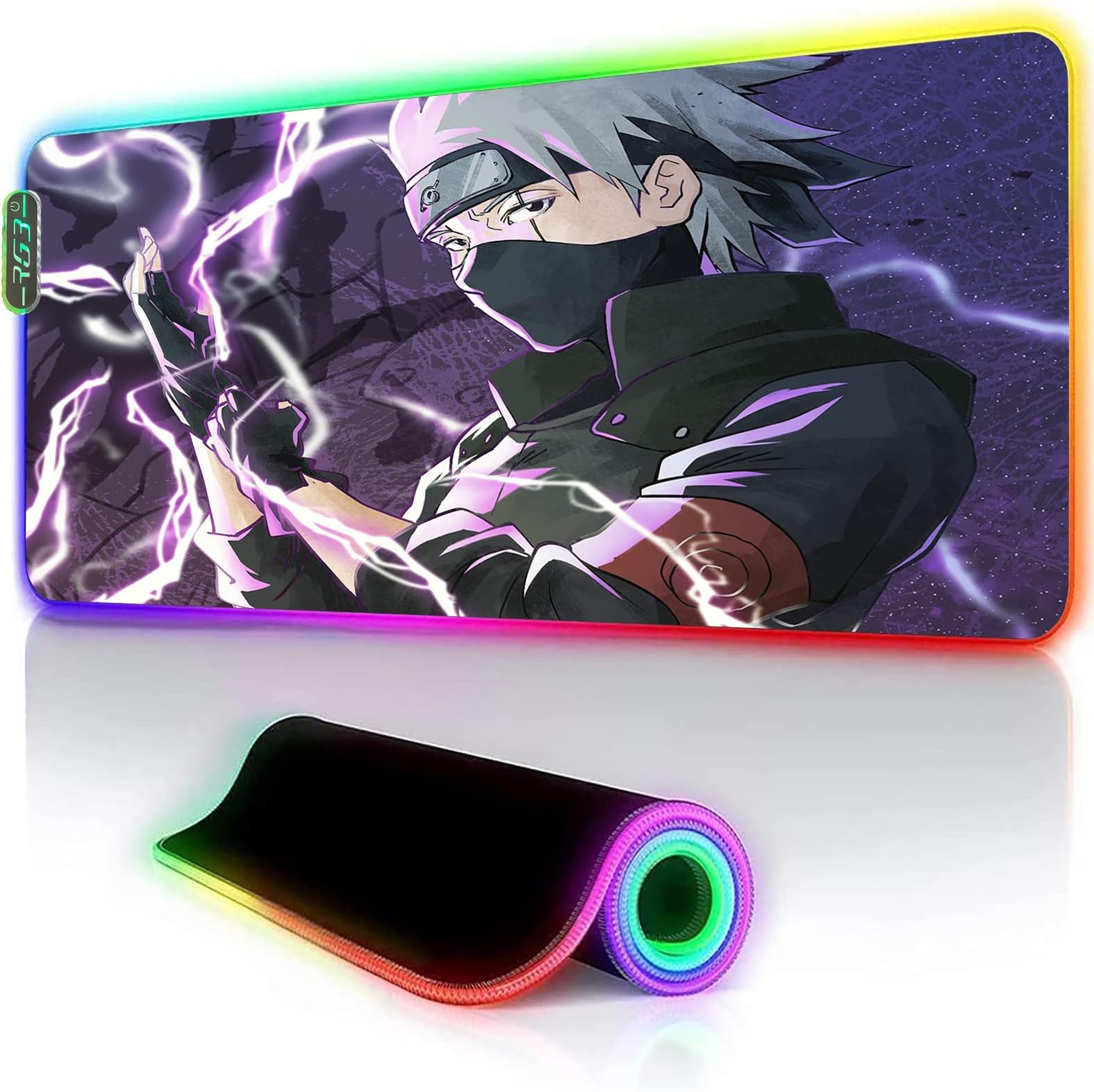 Gaming Mouse Pads Anime Kakashi Mouse Pad RGB Luminous Gaming Accessories Computer Large Led Mousepad Gamer Rubber Carpet with Backlit 60X120Cm/Xxxl