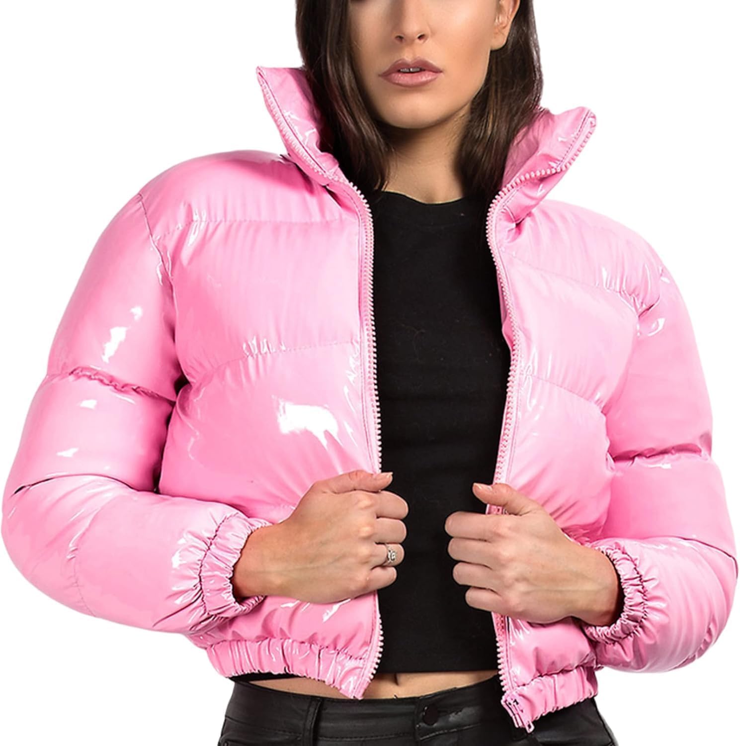 Doudoune courte brillante rose xxl pour femme veste chaude rembourrée hiver