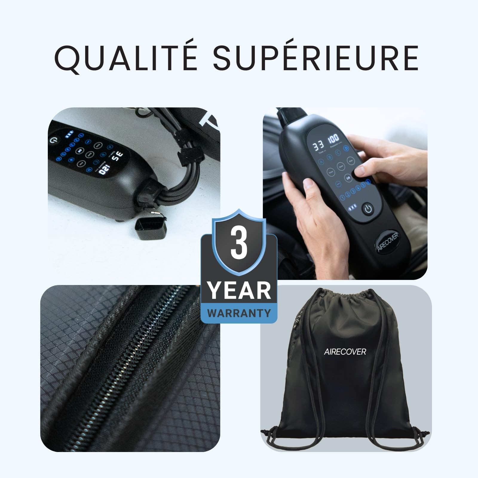 Pantalon Pressothérapie sans fil, Drainage Lymphatique, 6 chambres d’air, 30–250 mmHg, 4 modes, batterie 3h, pour douleurs et jambes fatiguées