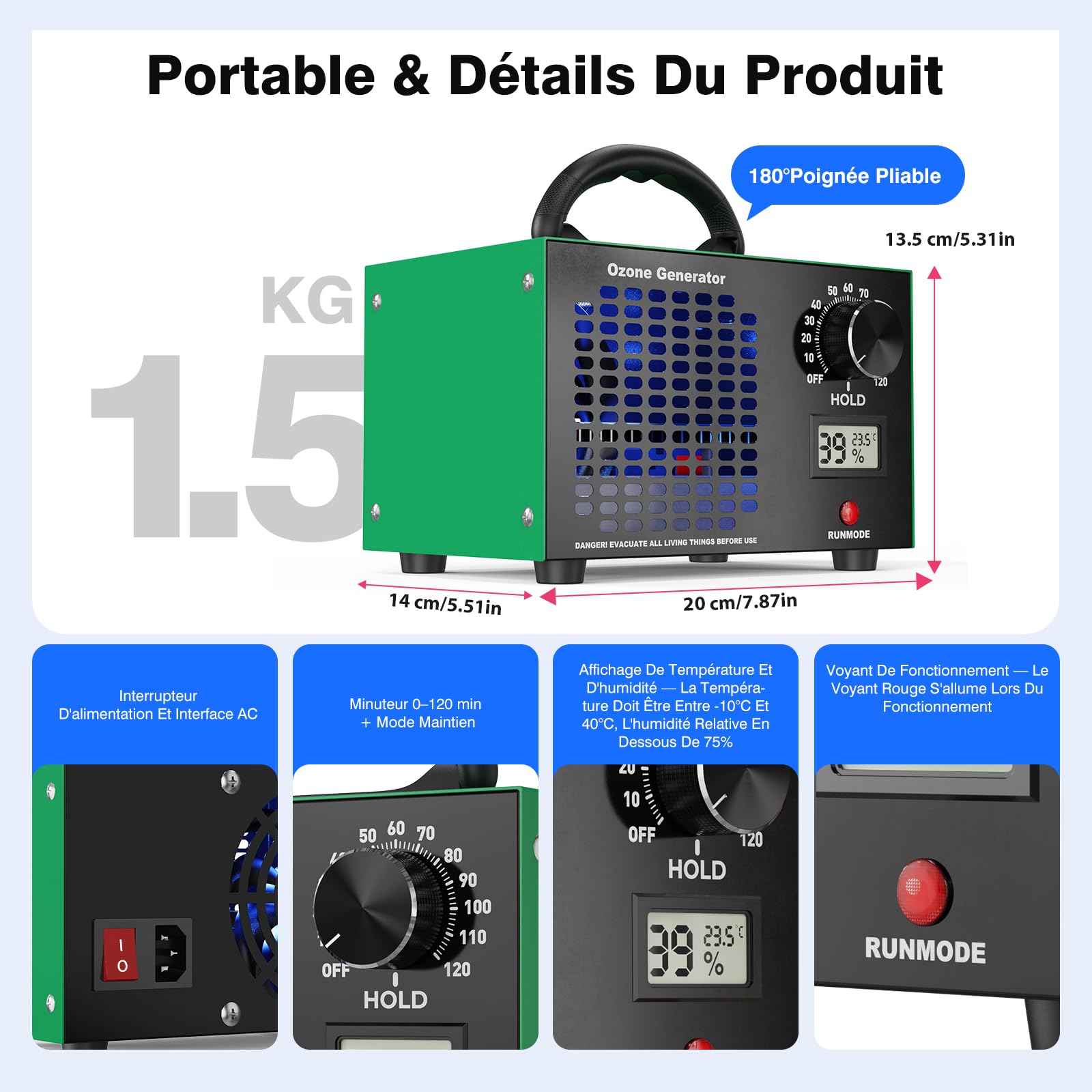 Générateur d'ozone 120 000 mg/g, Minuterie de 120min, pour 500m²