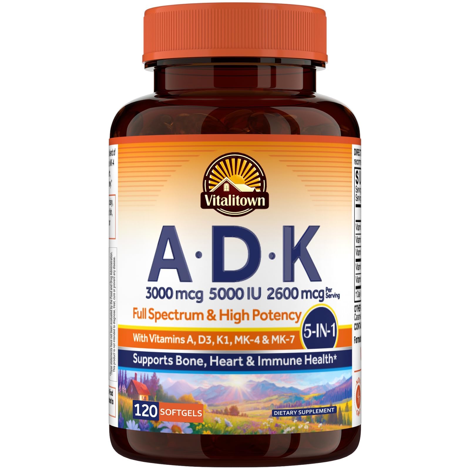 Vitalitown Vitamin ADK, High Potency Essential Vitamins A, D3 5000 IU, K1 & K2 (MK-4 & MK-7), Bone, Heart & Immune Health, Non-GMO, Max Absorption, 120 Softgels