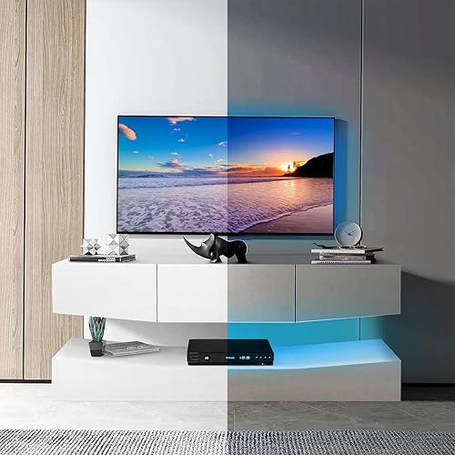 Miniatura 4 de Airdown Y-TVSD-L- Soporte blanco para centro de entretenimiento moderno de 55 pulgadas y 47 pulgadas con estante abierto de almacenamiento, consola