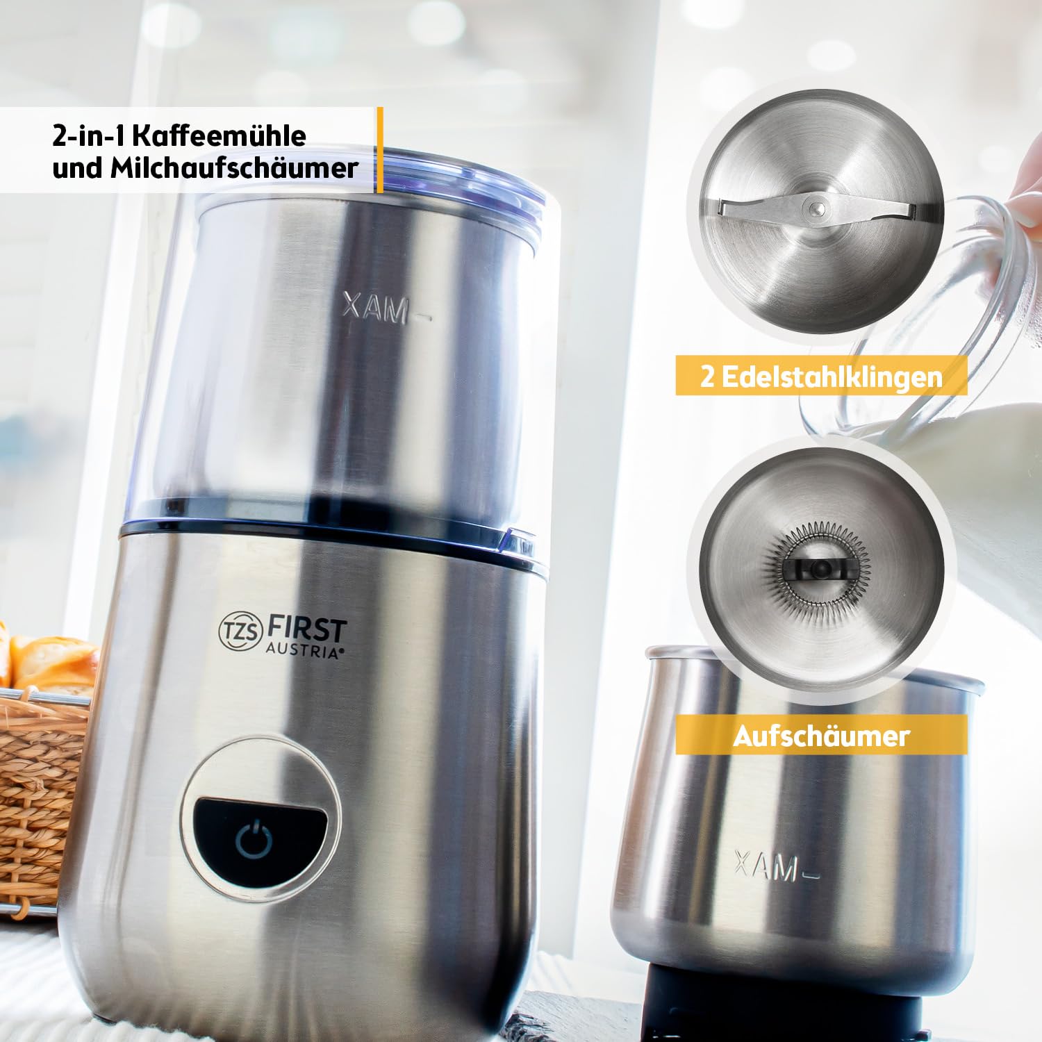 TZS First Austria - 2-in-1 Elektrische Kaffeemühle & Milchaufschäumer - 200W - 2 Edelstahlschalen 50g/100ml - 2 Geschwindigkeitsstufen - Für Kaffeebohnen, Gewürzen & Nüssen - Silber