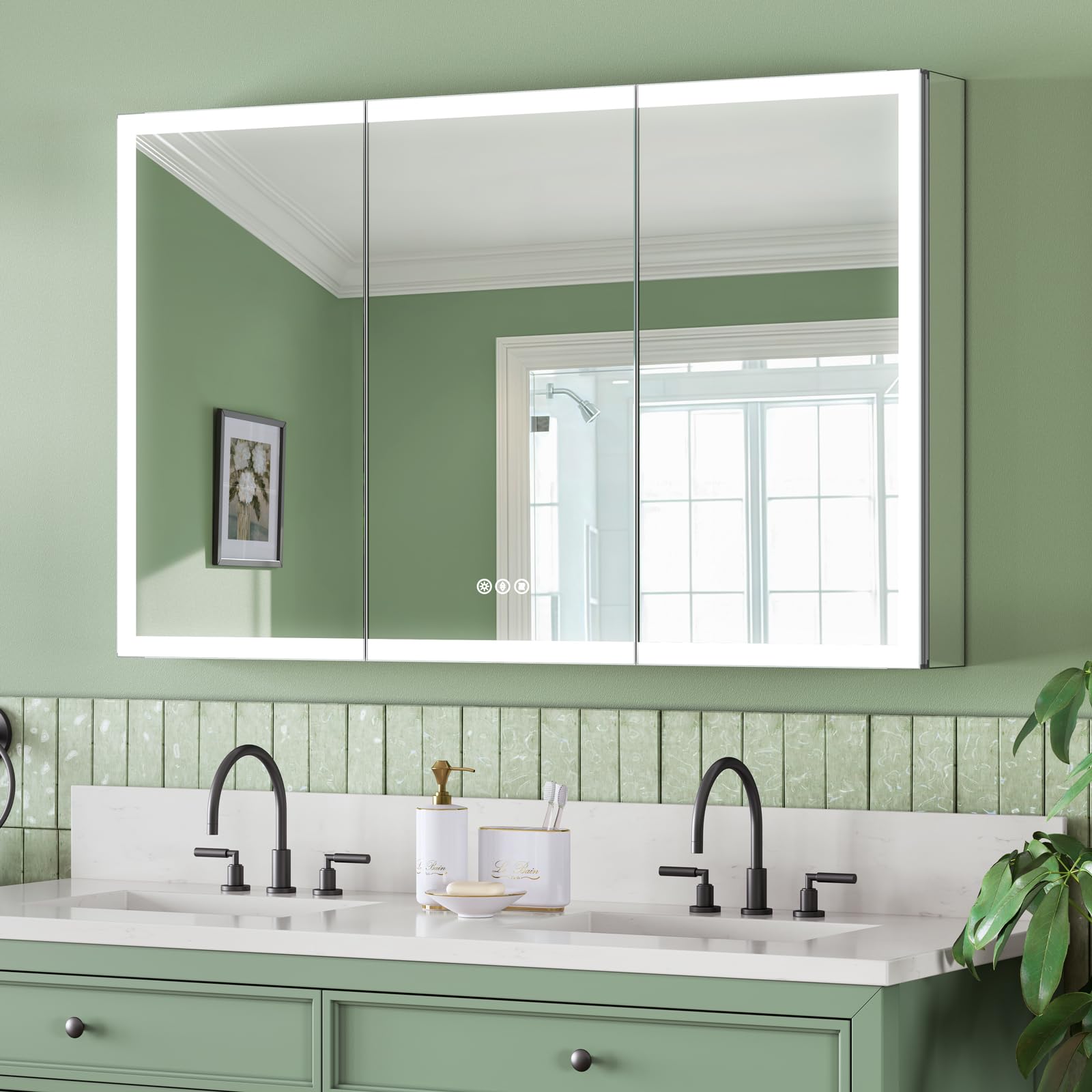 48x30 inch lighted medicine cabinet with mirror, al alloy frame, plug-in or hardwired, recessed or surface mount, 3 colors/dimmable/interior sensor light/defog,2 outlets & usbs,4 shelves