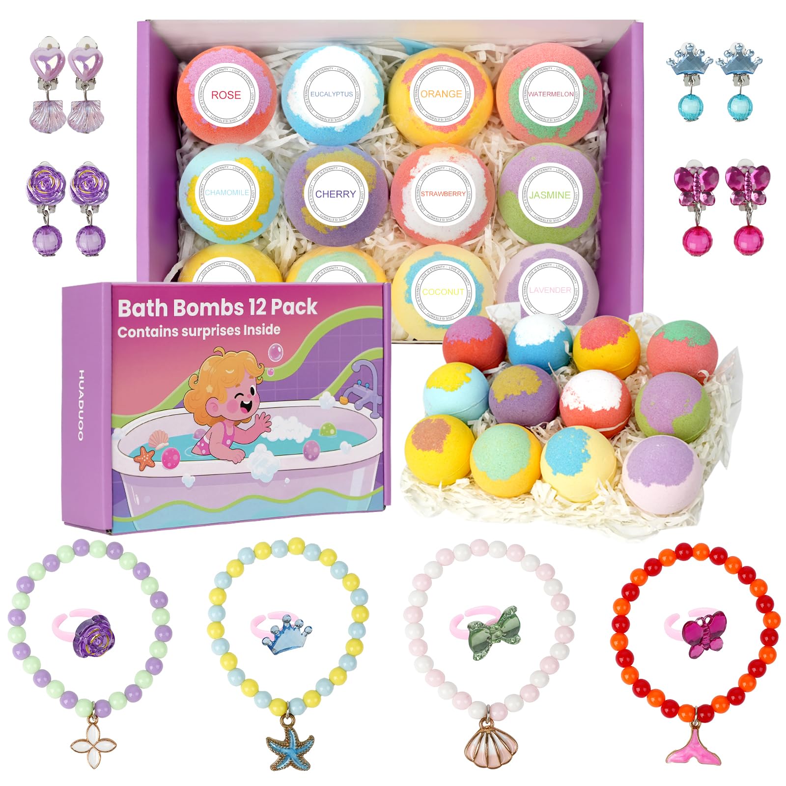 Lot de 12 bombes de bain pour filles avec jouets surprise à l'intérieur boules de bain spa naturelles faites à la main avec bijoux et jouets, Noël et les vacances pour les filles âgées de 3 à 12 ans