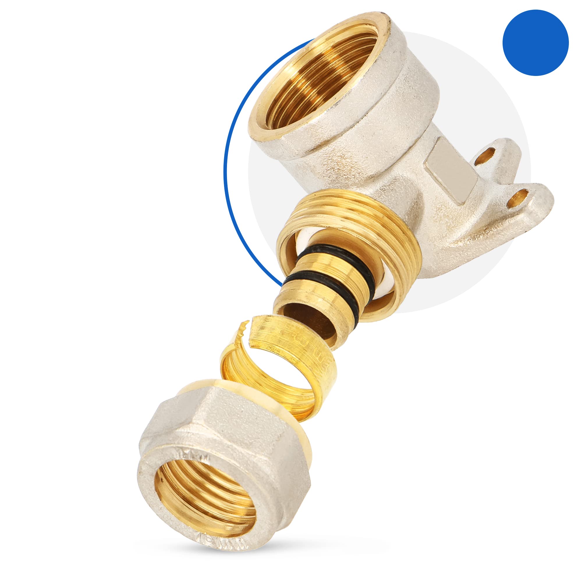 Codo PEX con arandela de pared 20 x 3/4" IG - Calefacción de agua - Pieza en V - Montaje de tornillo - Placa de compresión - Conexión de tubería