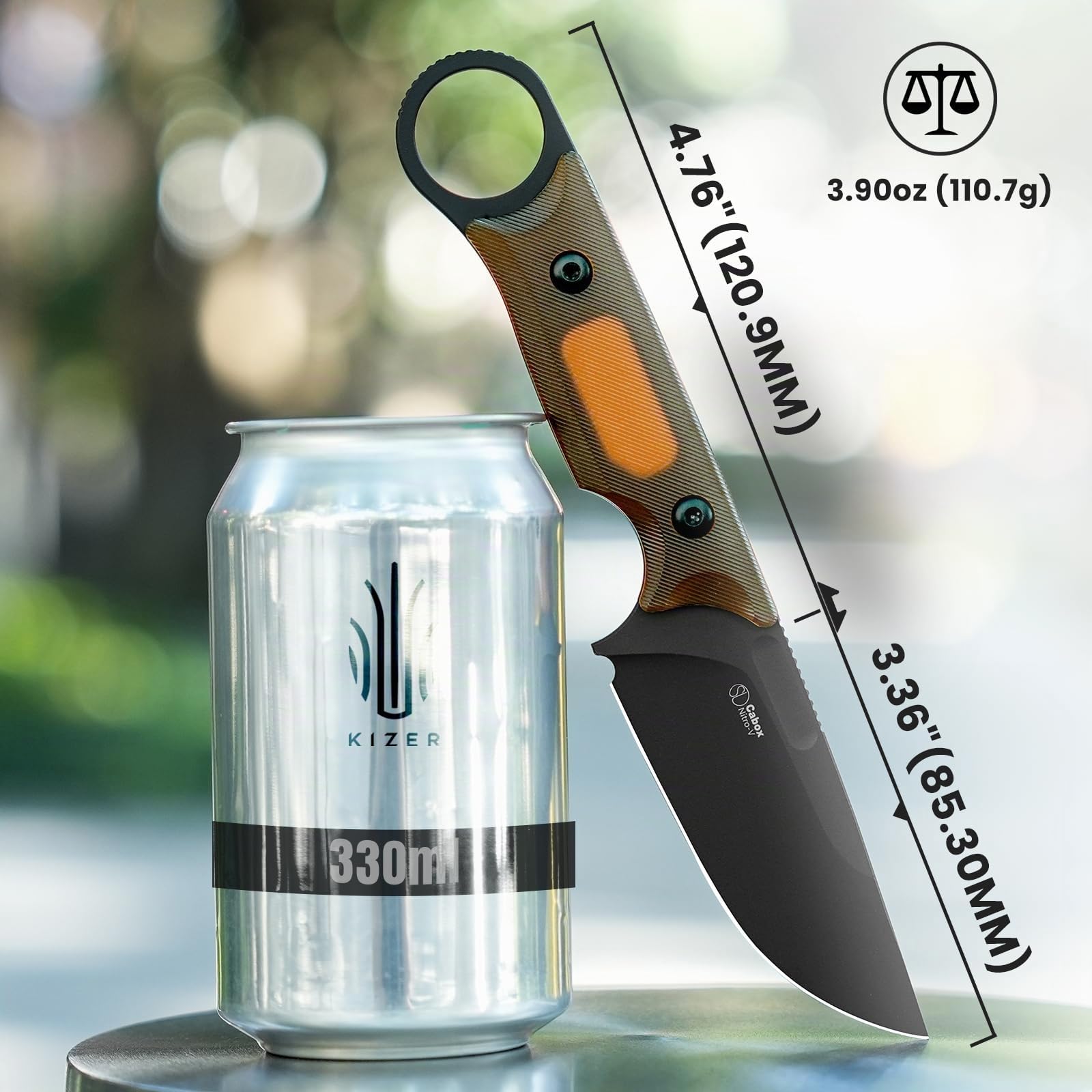 Kizer Cabox Cuchillo de Hoja Fija 3,36" Nitro V Acero Cuchillo de Caza de Hoja Fija Mango PEI con Funda para Supervivencia Camping Caza 1048A6 | Cuchillo de supervivencia de 8,53 cm con vaina, cuchillo EDC para caza Bushcraft