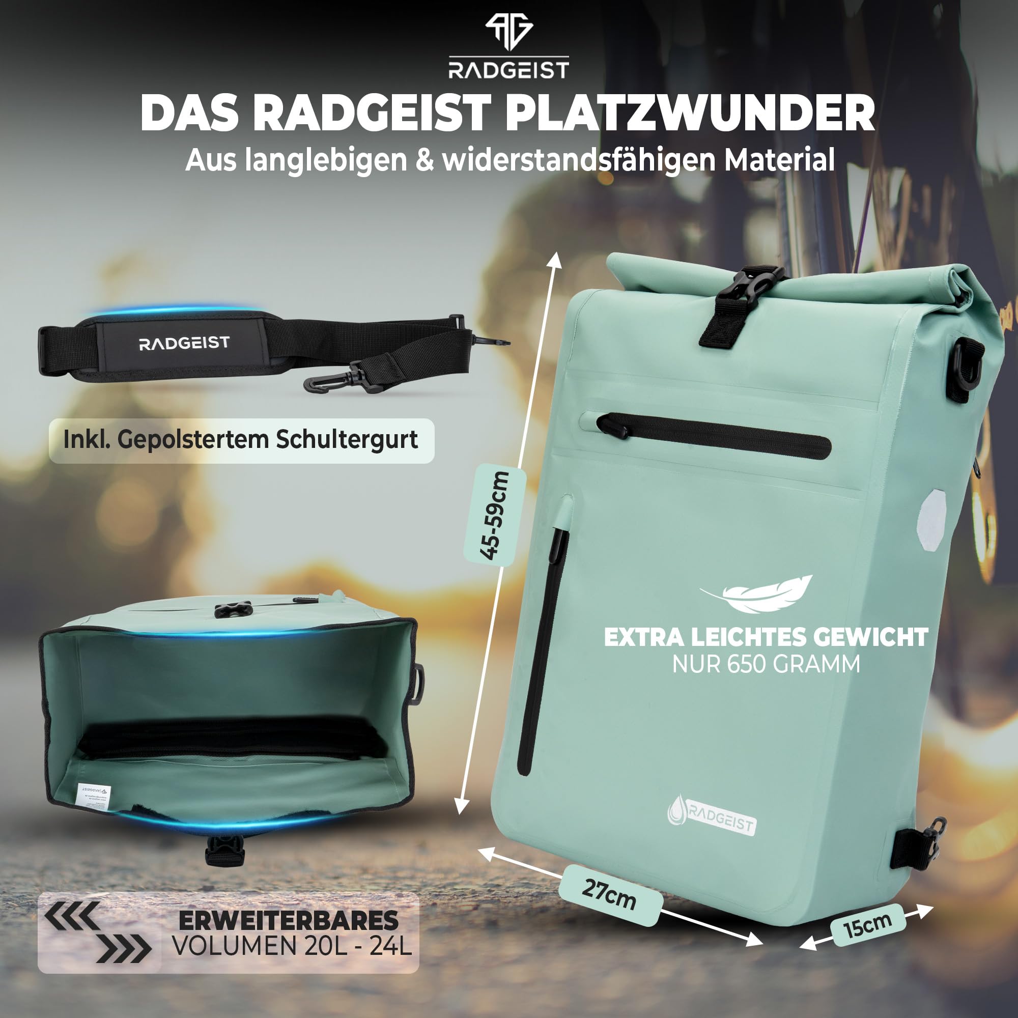 RADGEIST Alforja 3 en 1 para portaequipajes, impermeable, extra resistente, con enganche rápido, mochila (20 litros), color menta