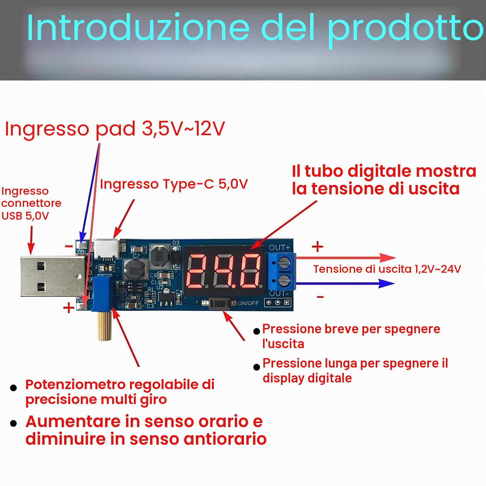 3 moduli DC Step Up Down Power Supply, USB 5 V fino a 3,3 V/9 V, 12 V, 24 V, modulo Boost Buck Converter regolabile, Step Up Converter (tipo C)