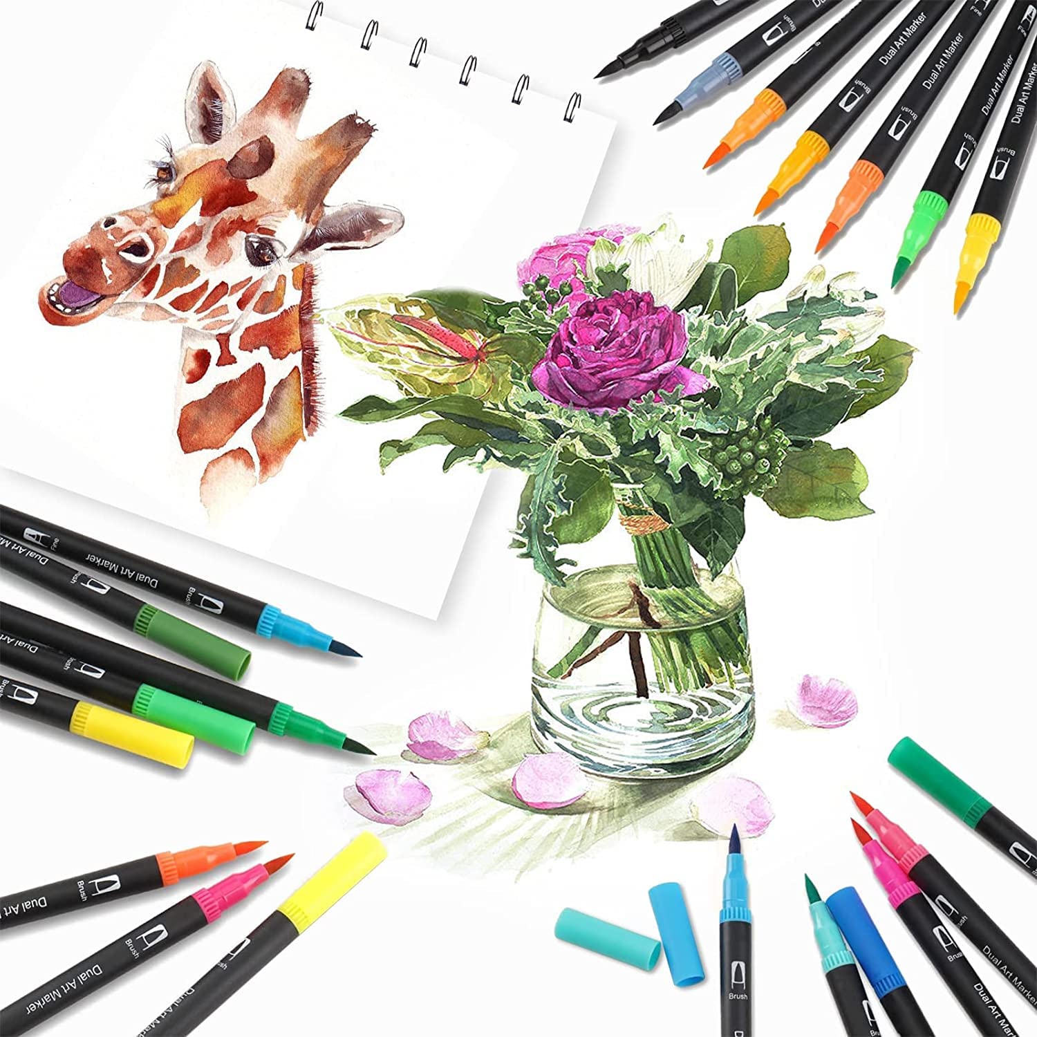 24 Couleurs Feutres Pinceaux Aquarelle Double Pointe Et 96