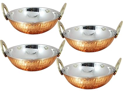 UKAL Set of 4, Pure Copper, Stainless Steel Bowls with Solid Brass Handle Serveware Accessories Karahi Pan for Indian Food,Diameter- 7 Inches