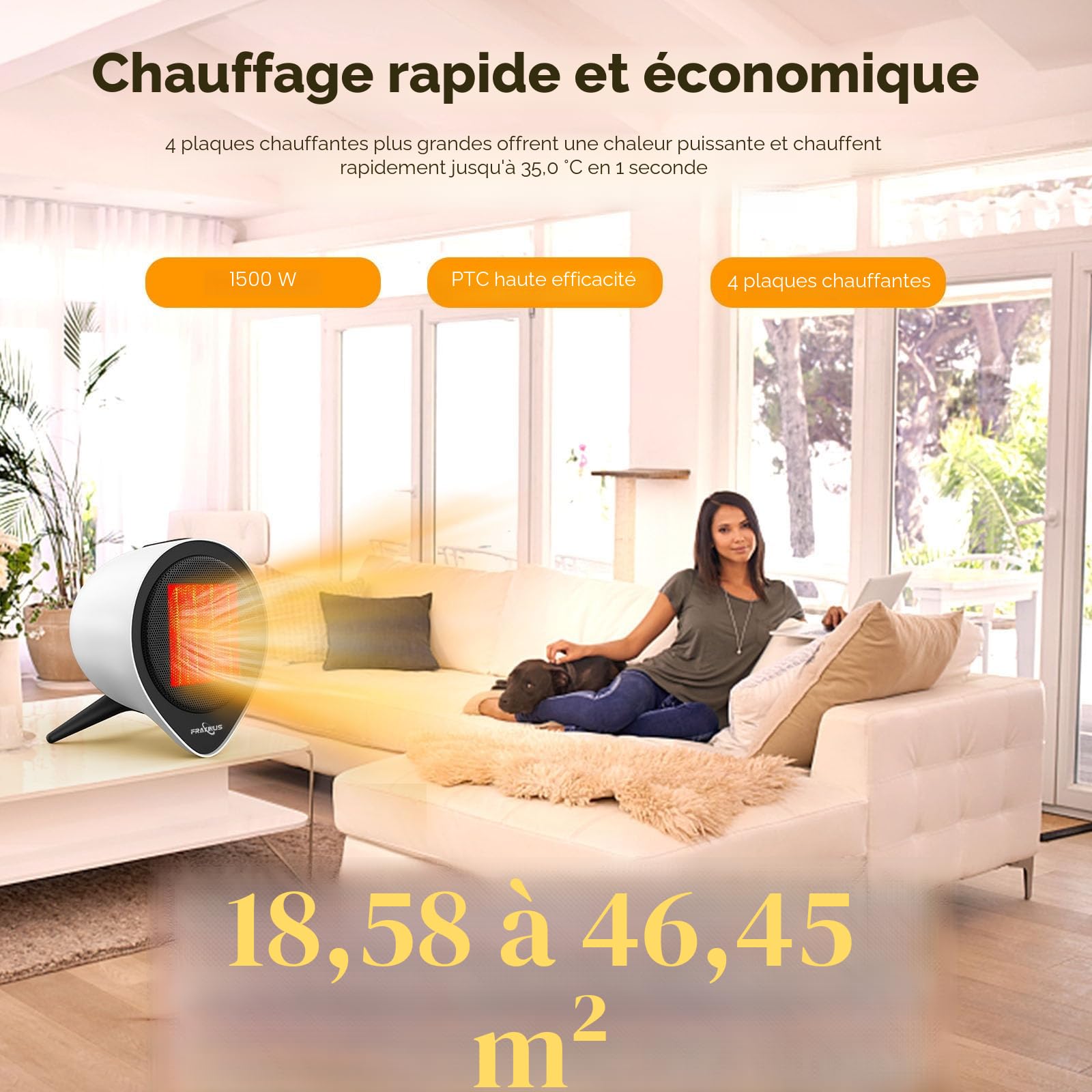Mini Radiateur Céramique 1500W, Chauffage d'appoint avec Minuterie 1-15 h, Protection anti-surchauffe et anti-basculement, Compact pour Bureau, salon - Blanc