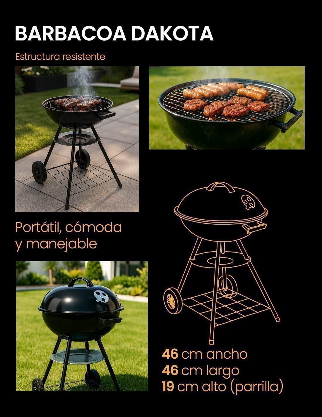 JARDIN202 - Barbacoa de Carbón Portátil Dakota | Parrilla Redonda Estilo Kettle | Exteriores, Jardín y Camping | Parrilla de Ø 45 cm | Negro
