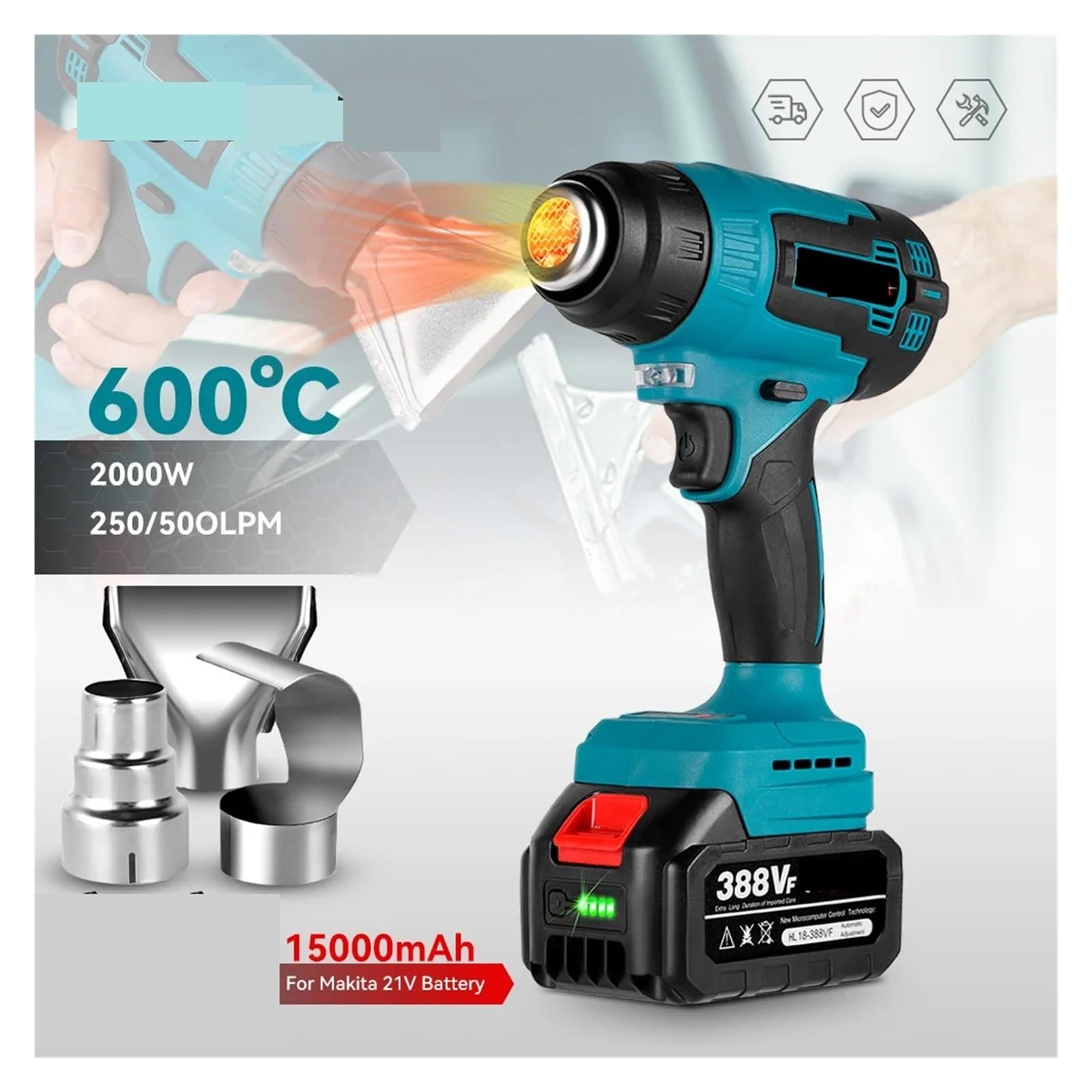 Opalarka 18V 2000W Bezprzewodowa Elektryczna Opalarka Ręczna Akumulatorowa Domowa Suszarka Na Powietrze Z 3 Dyszami Przemysłowa Do Akumulatora 18V Do obkurczania PCV, rękodzieła, usuwania farby, fo(1