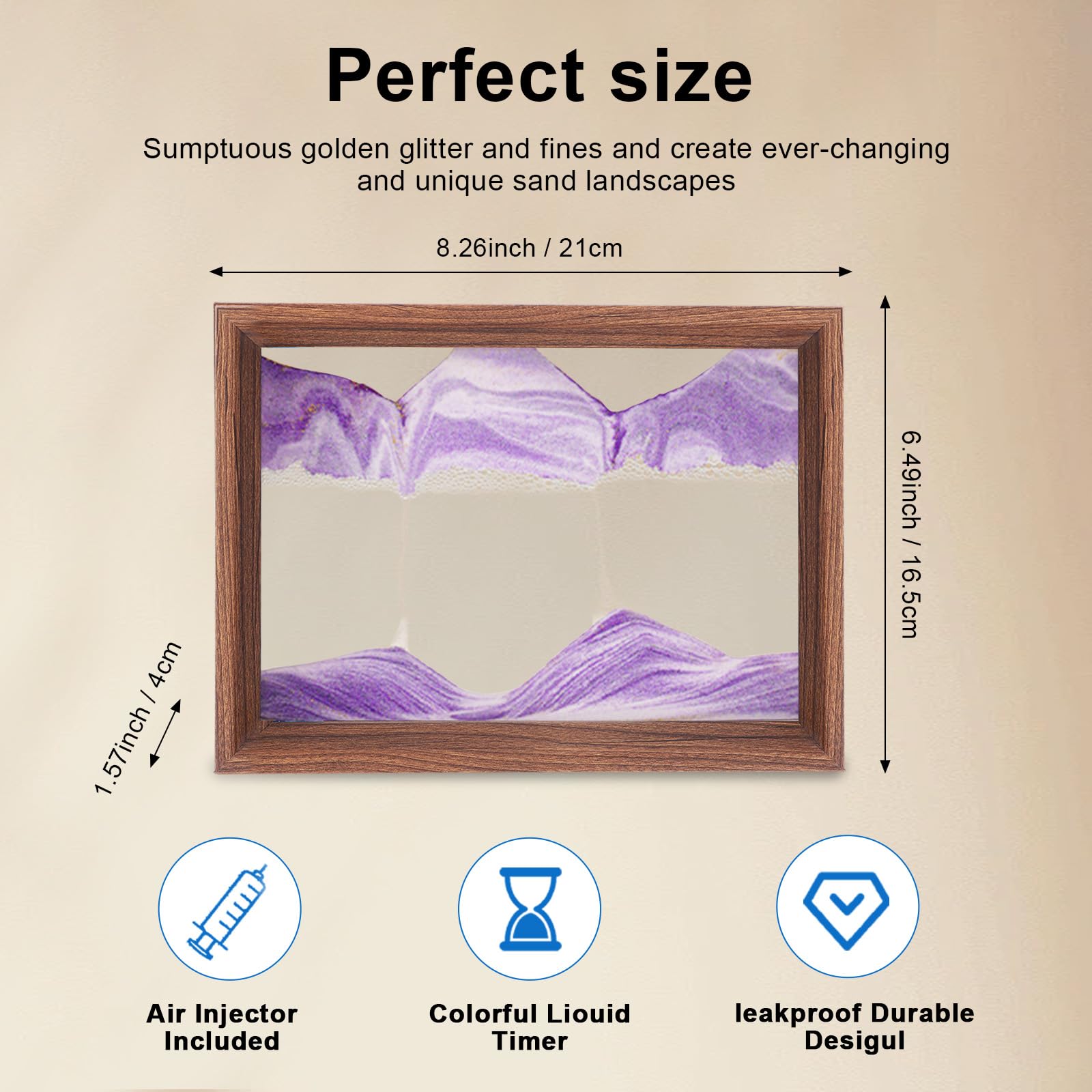 AzureLeap Pittura di Sabbia che Scorre Quadro 3D Sabbia Dinamica Paesaggio Marino, Decorazioni per Casa e Ufficio Giocattolo da Scrivania per Adulti Cornice in Legno [Viola-8"]