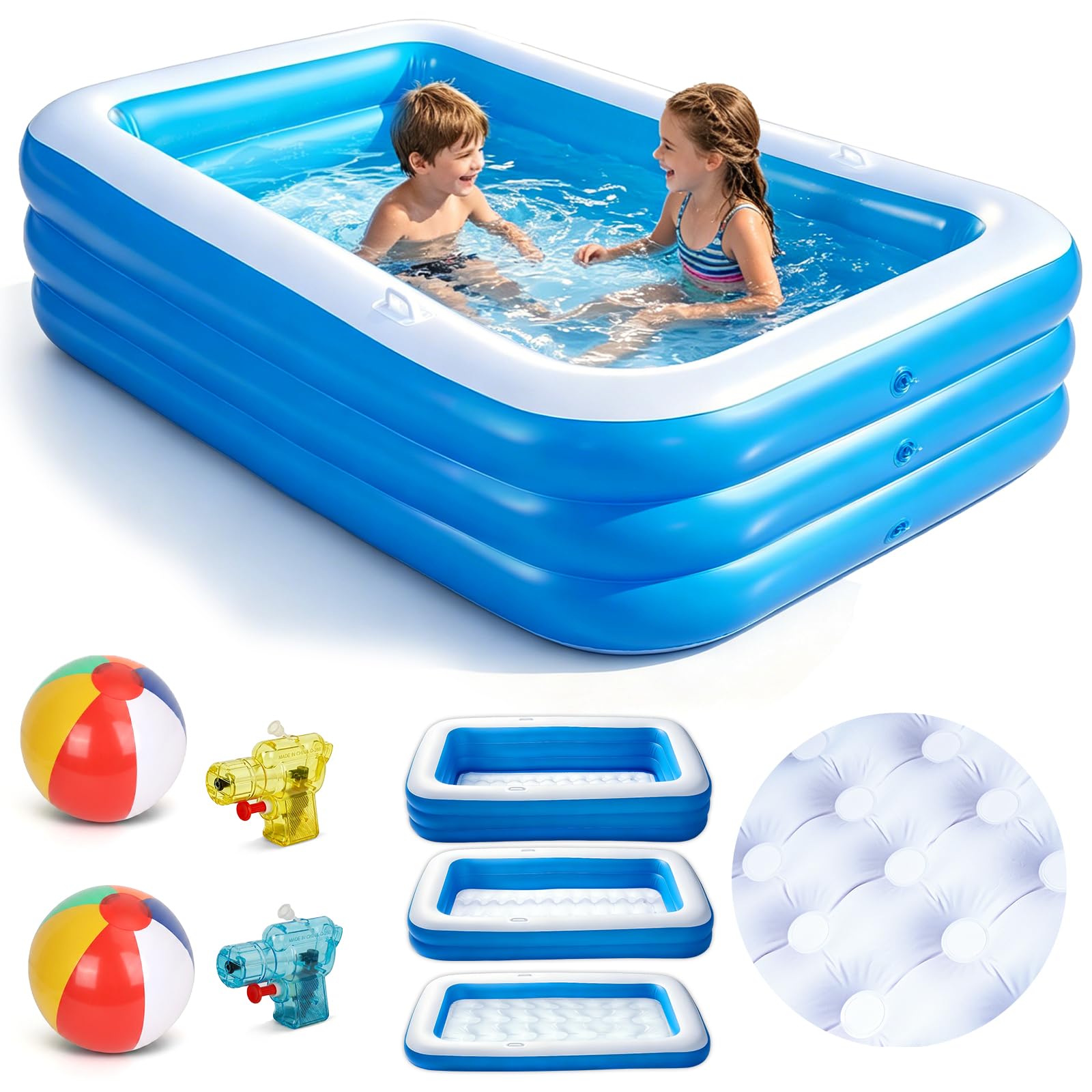 Planschbecken für Kinder, Aufblasbarer Planschbecken Rechteckig mit 2 Beachball und 2 Mini-Wasserpistole, Verdickter Swimmingpool Kinder für Garten, Outdoor, Sommer-Wasserpartys (Blau)