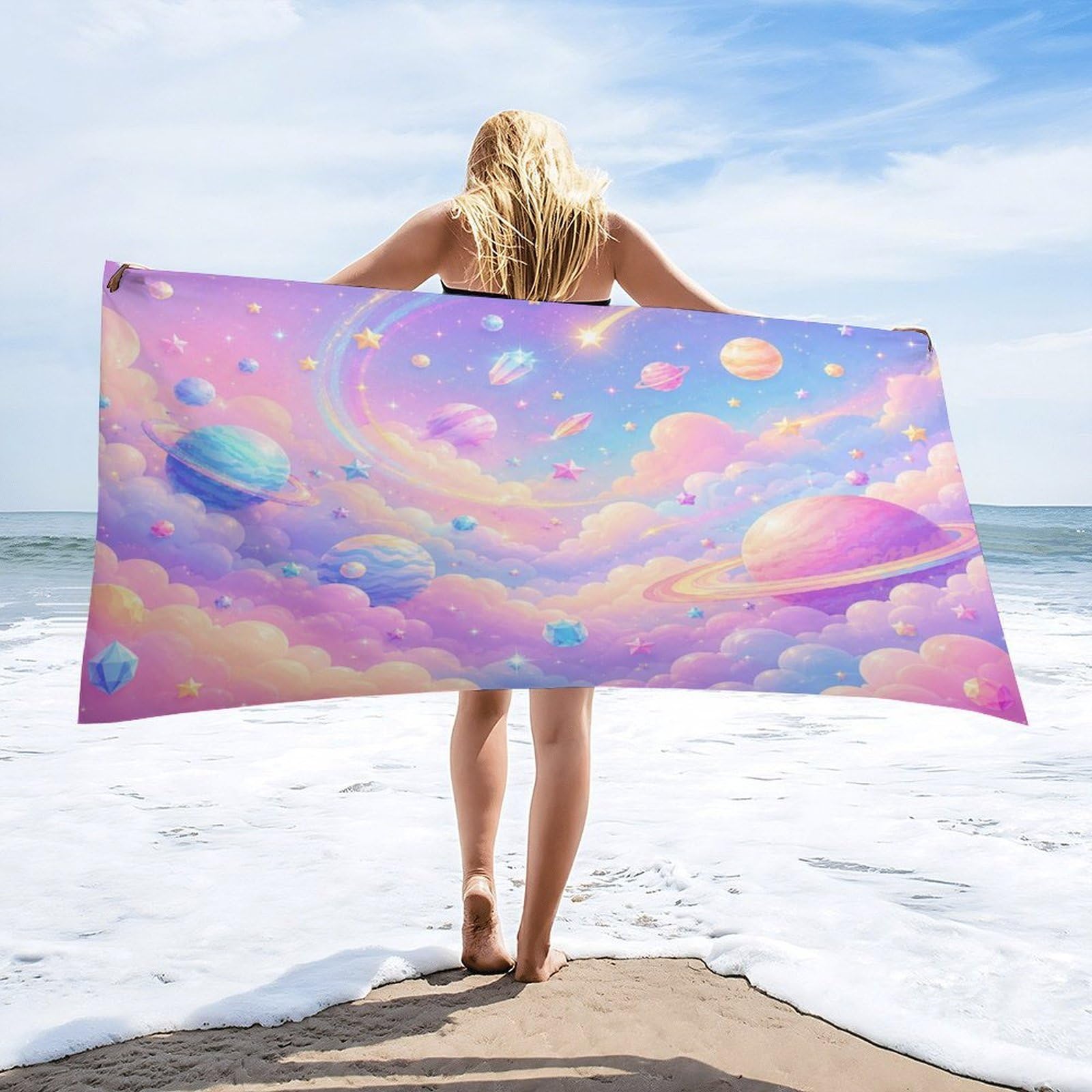 Anceky Pastel Galaxy Clouds Planets Stars Beach Towel 30"×60",Soft Microfiber Bath Towel Shawl, Quick Dry Absorbent Pool Spa Gym Shower Towel