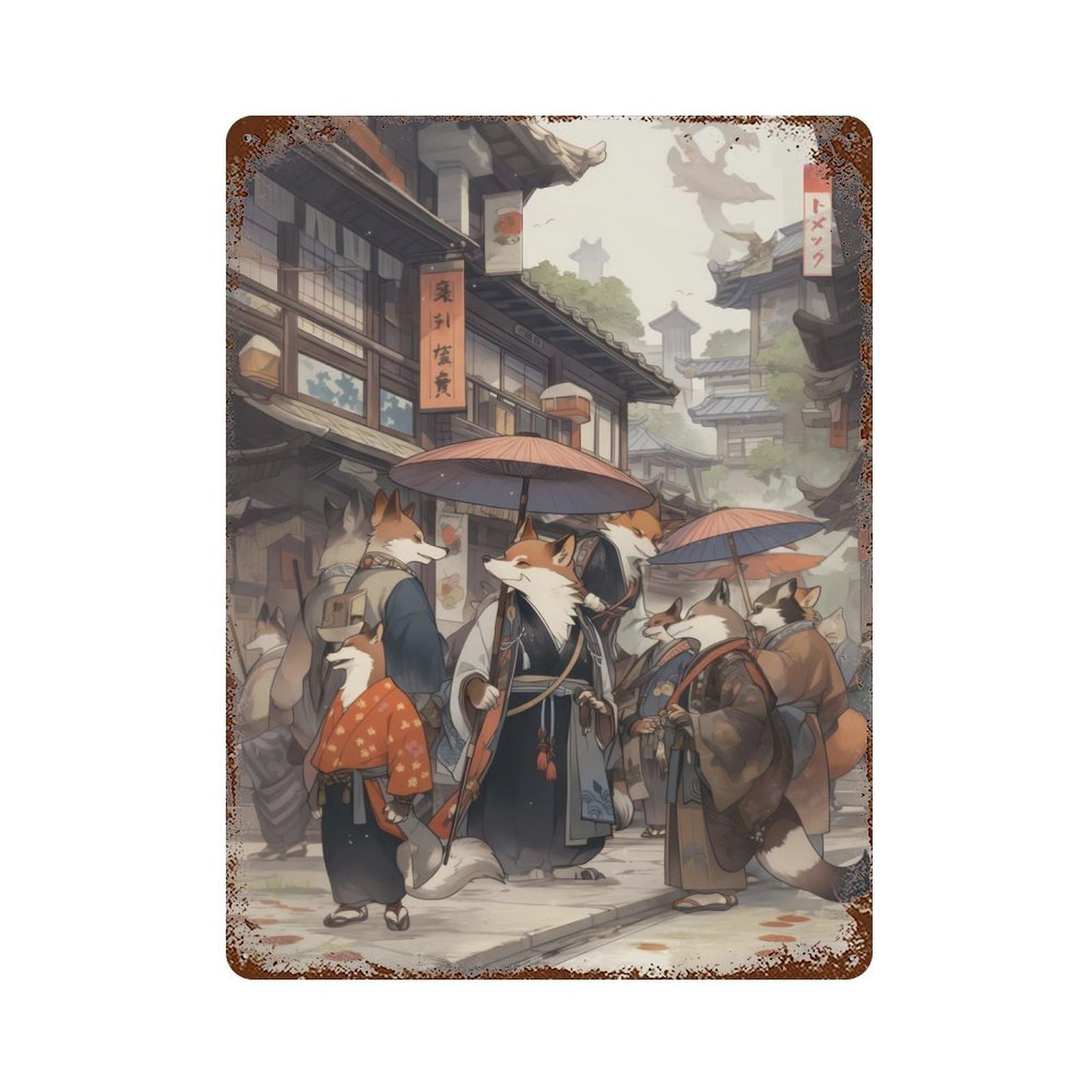 Edo Fox Village Rust Effect Tin Sign 15.7"x11.8", Ideal for Cafe, Home Bar And Lounge Decor