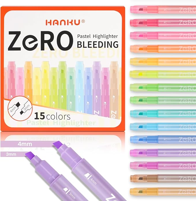 Pastel Highlighters, 15 Pack Bible Highlighters Assorted Colors, 4mm & 3mm Dual-Chisel Tip Highlighter Pens, Pastel Markers No Bleed Through for Journaling, Coloring, Bible Study Supplies