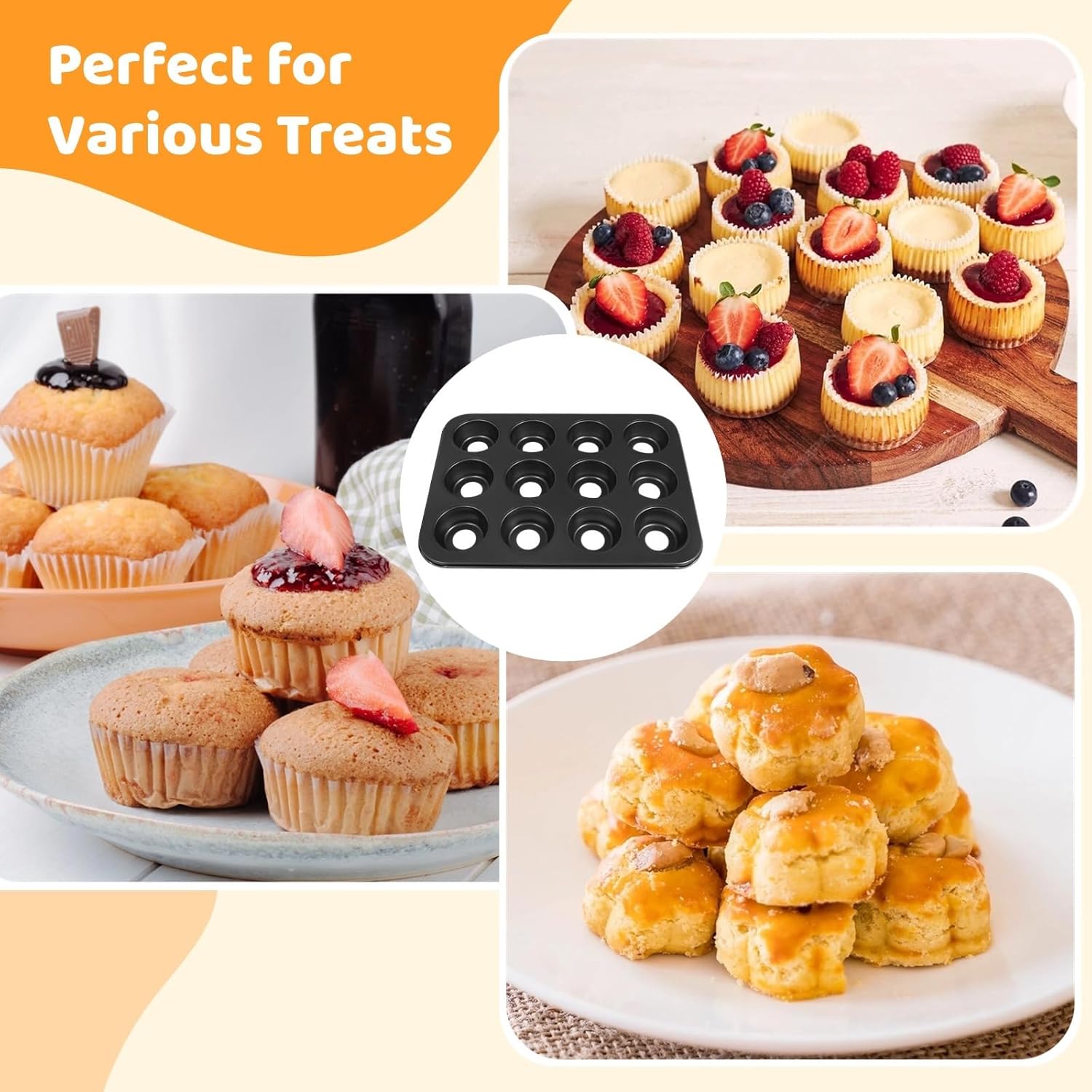 Non-Stick Carbon Steel Baking Pans, 13.8×10.4, 12 Hole Mini Sandwich Tins with Loose Bases, 2 Pcs Mini Cheesecake Pans, 12-Cavity Muffin Cupcake Pans with Removable Bottom